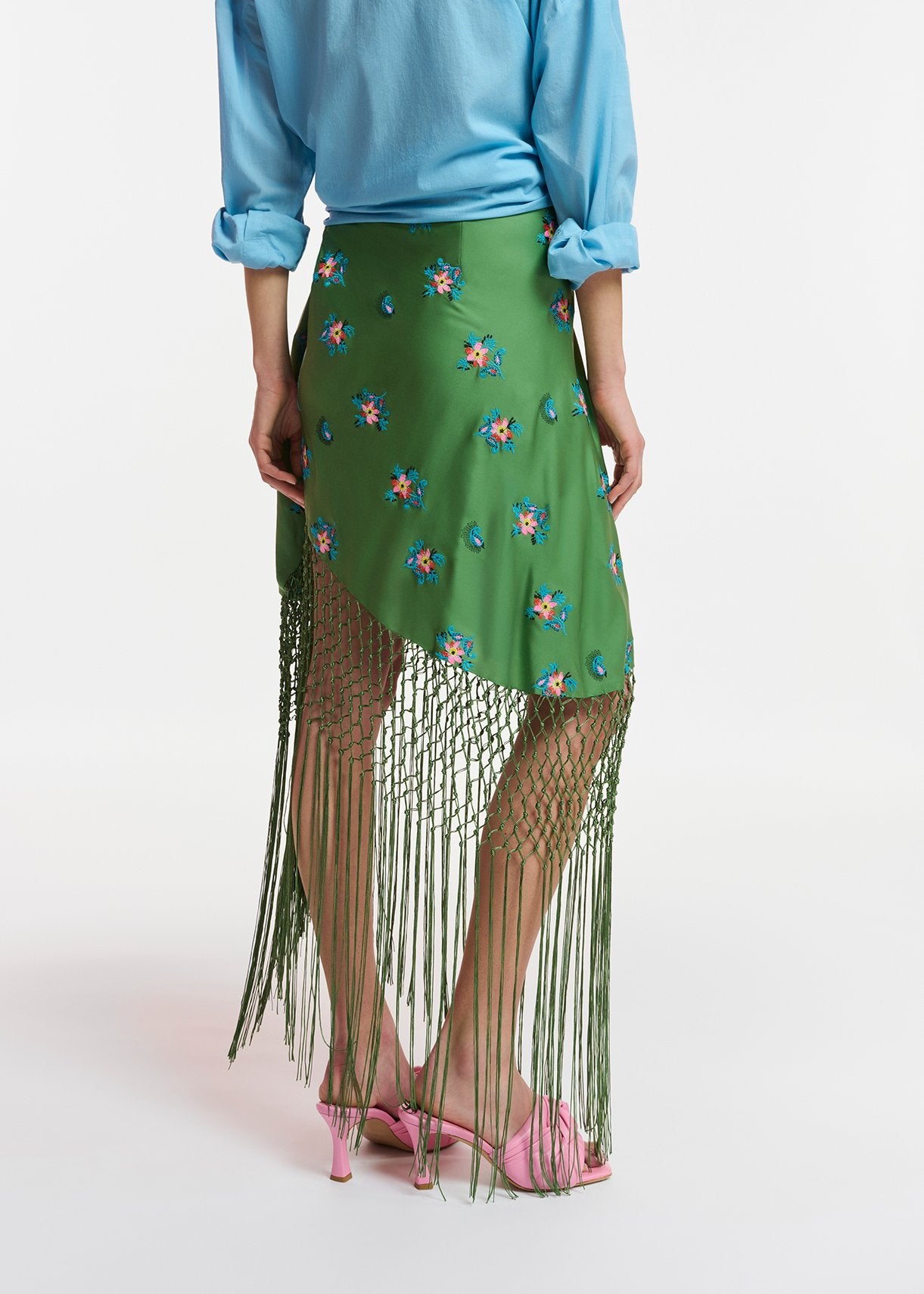 Dark green embroidered front-tie mini skirt with fringes RE—SSENTIEL | Essentiel second hand