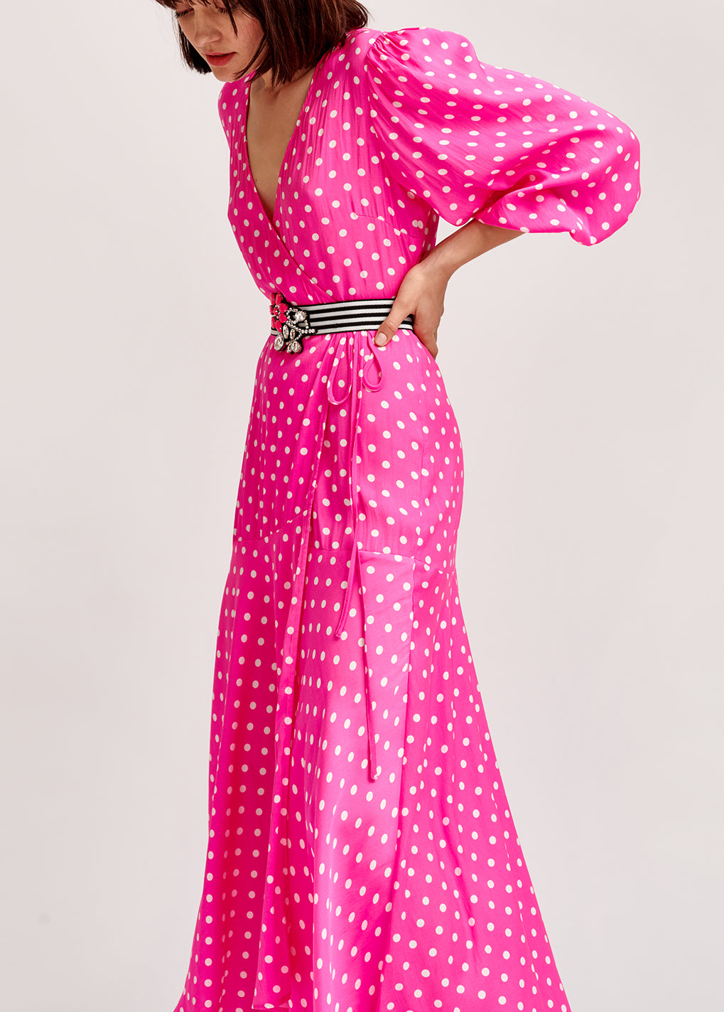 Neon pink polka dot wrap maxi dress RE—SSENTIEL | Essentiel second hand