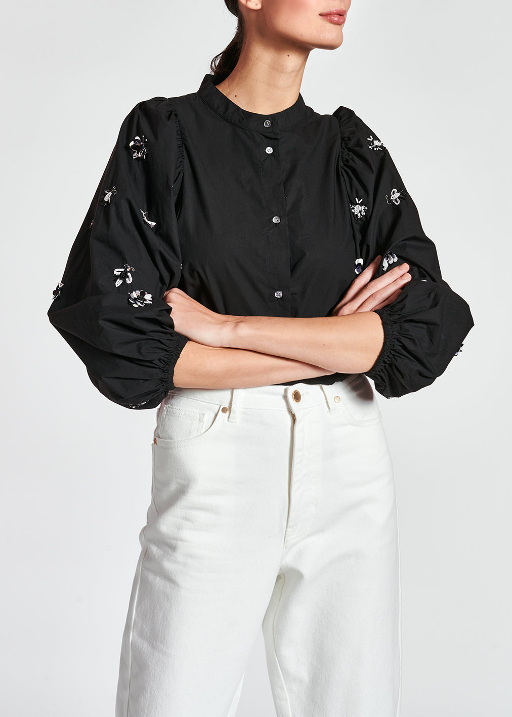 Black cotton-poplin embroidered puffed-sleeve shirt RE—SSENTIEL | Essentiel second hand