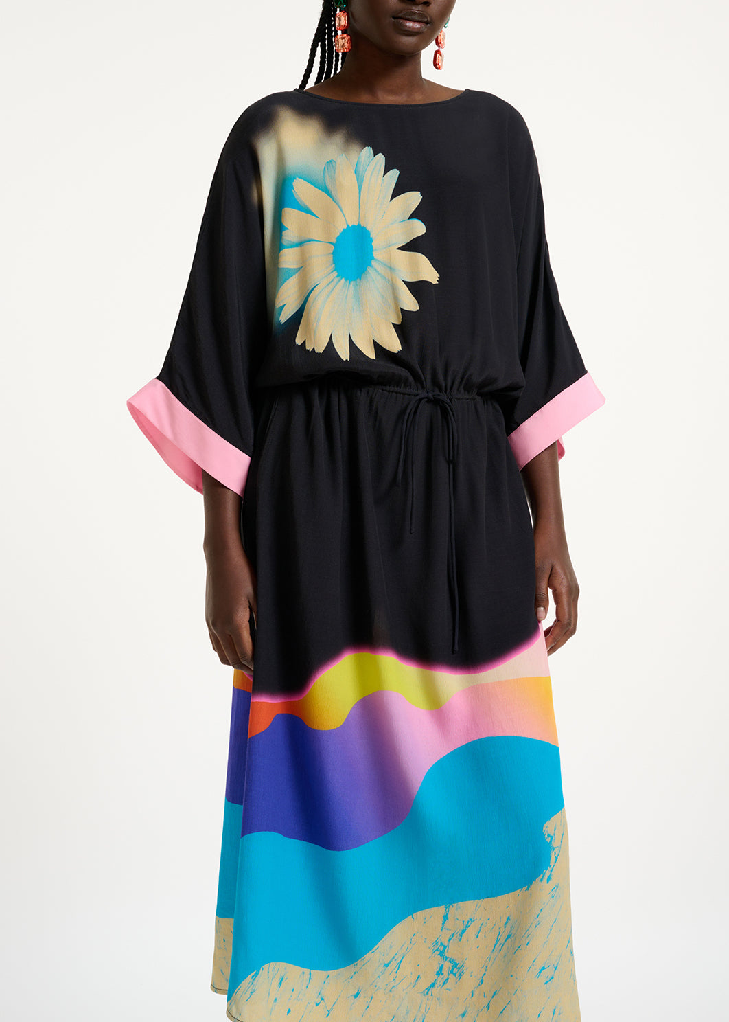 Black midi-length dress with multicolor print RE—SSENTIEL | Essentiel second hand