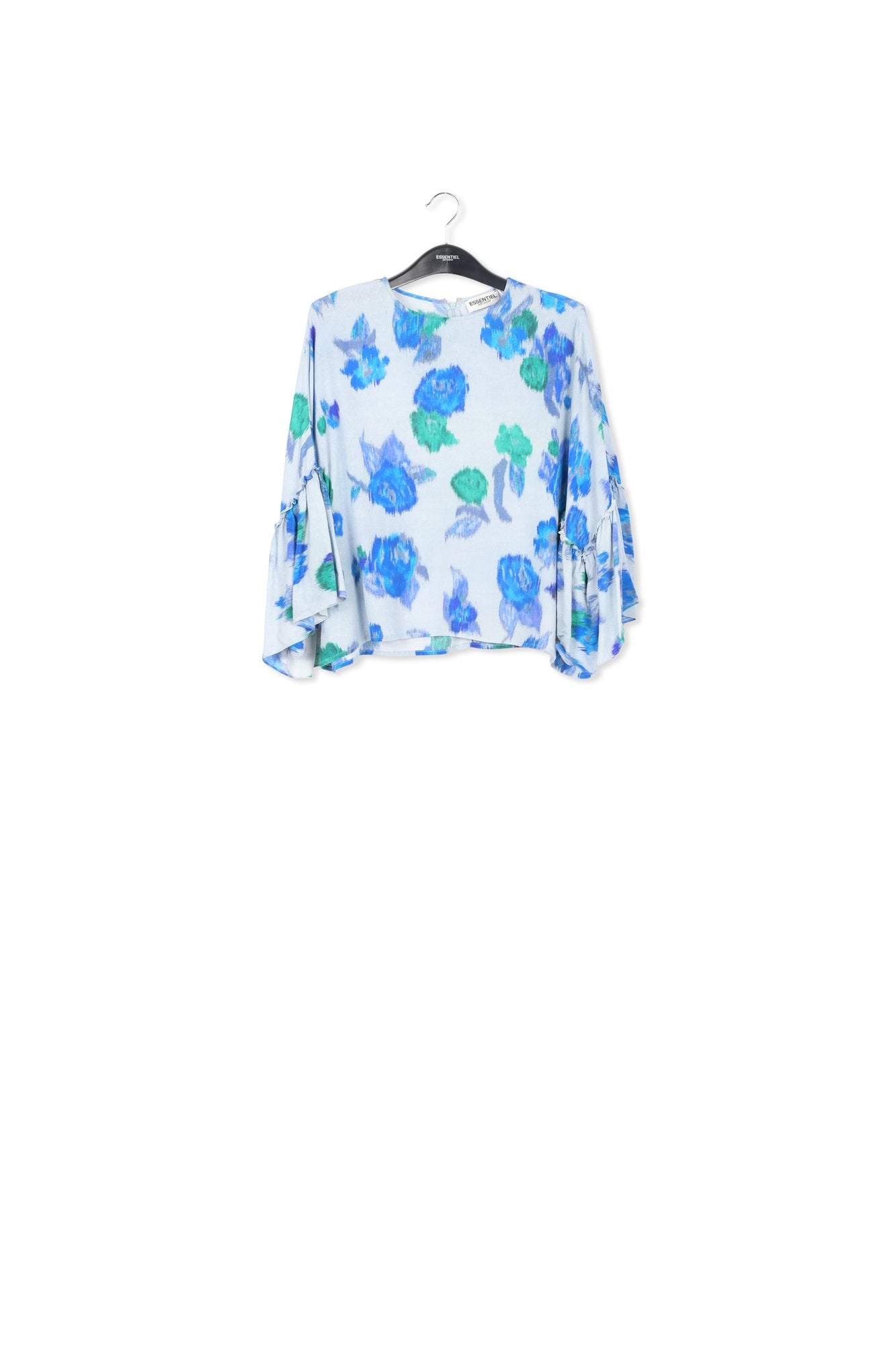 Light blue, blue and green floral printed top with ruffled sleeves RE—SSENTIEL | Essentiel second hand