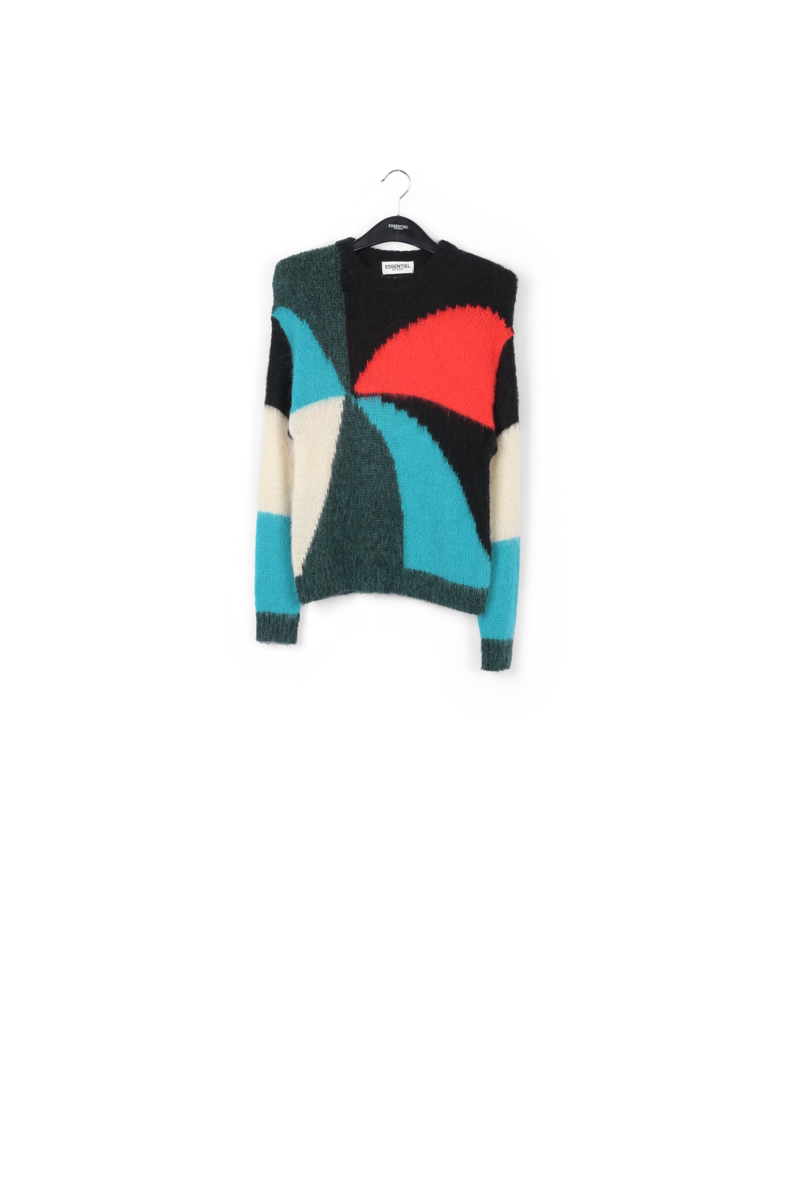 Pull en tricot intarsia vert foncé, bleu et rouge RE—SSENTIEL | Essentiel second hand