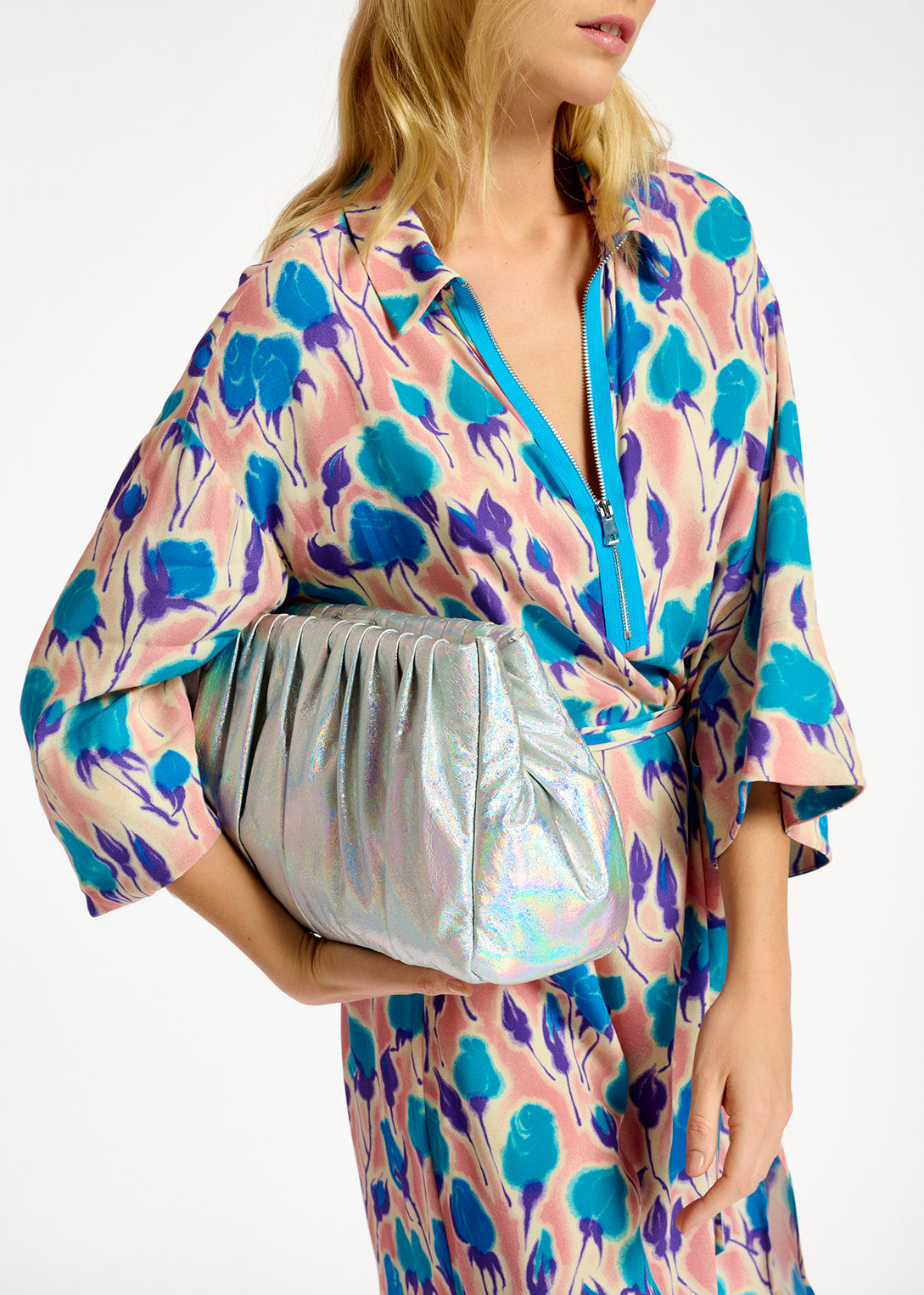 Light pink, blue and purple floral print midi-length dress RE—SSENTIEL | Essentiel second hand