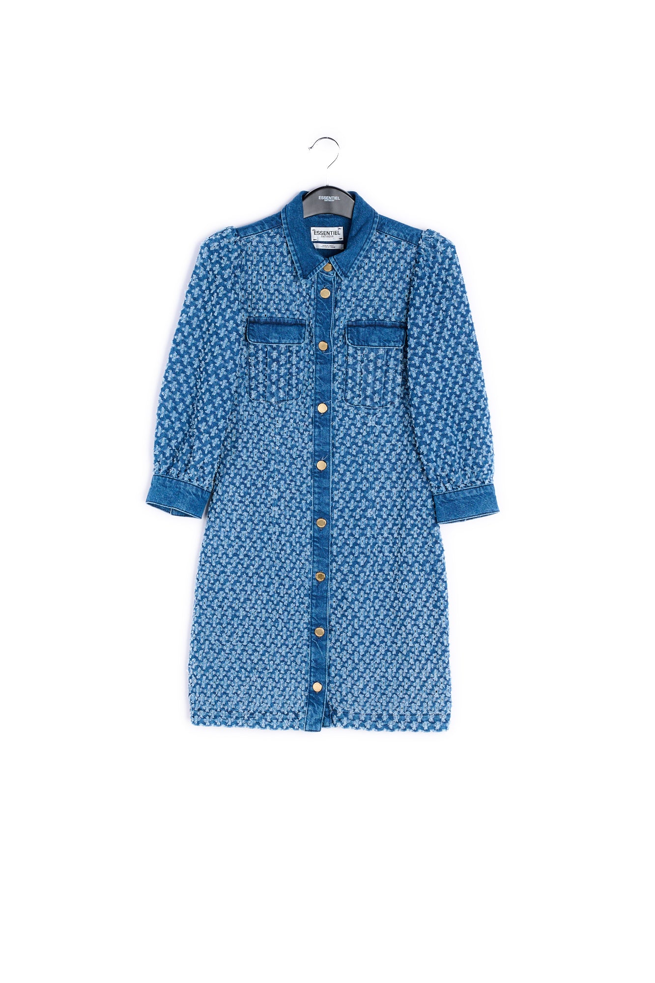 Dark blue perforated denim puffed sleeves mini dress RE—SSENTIEL | Essentiel second hand