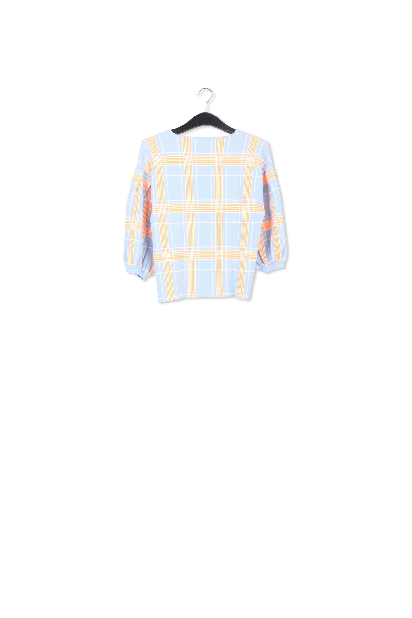 Light blue puffed sleeve knitted top with check motif RE—SSENTIEL | Essentiel second hand