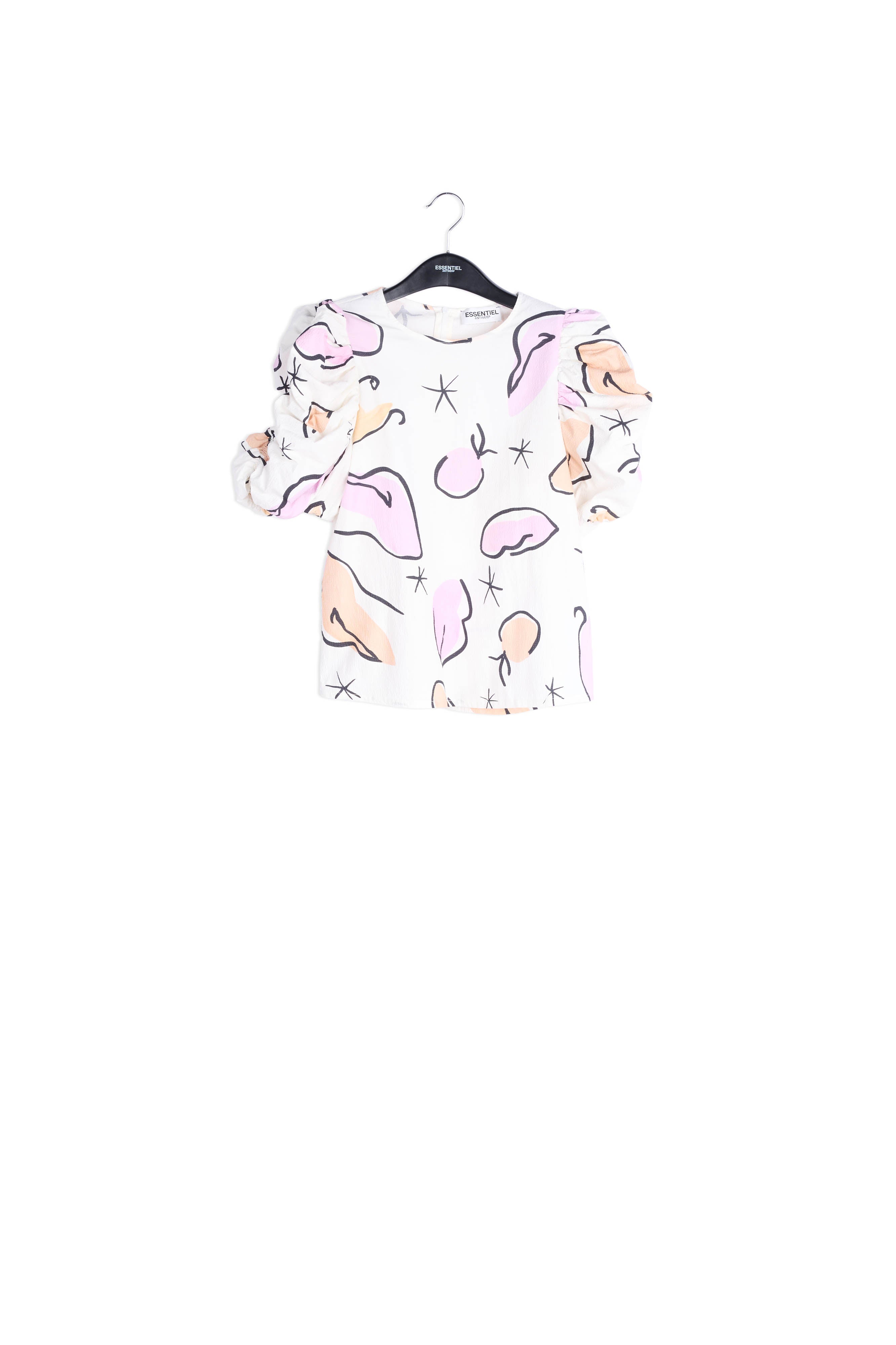 Witte top met pofmouwen en abstracte print RE—SSENTIEL | Essentiel second hand