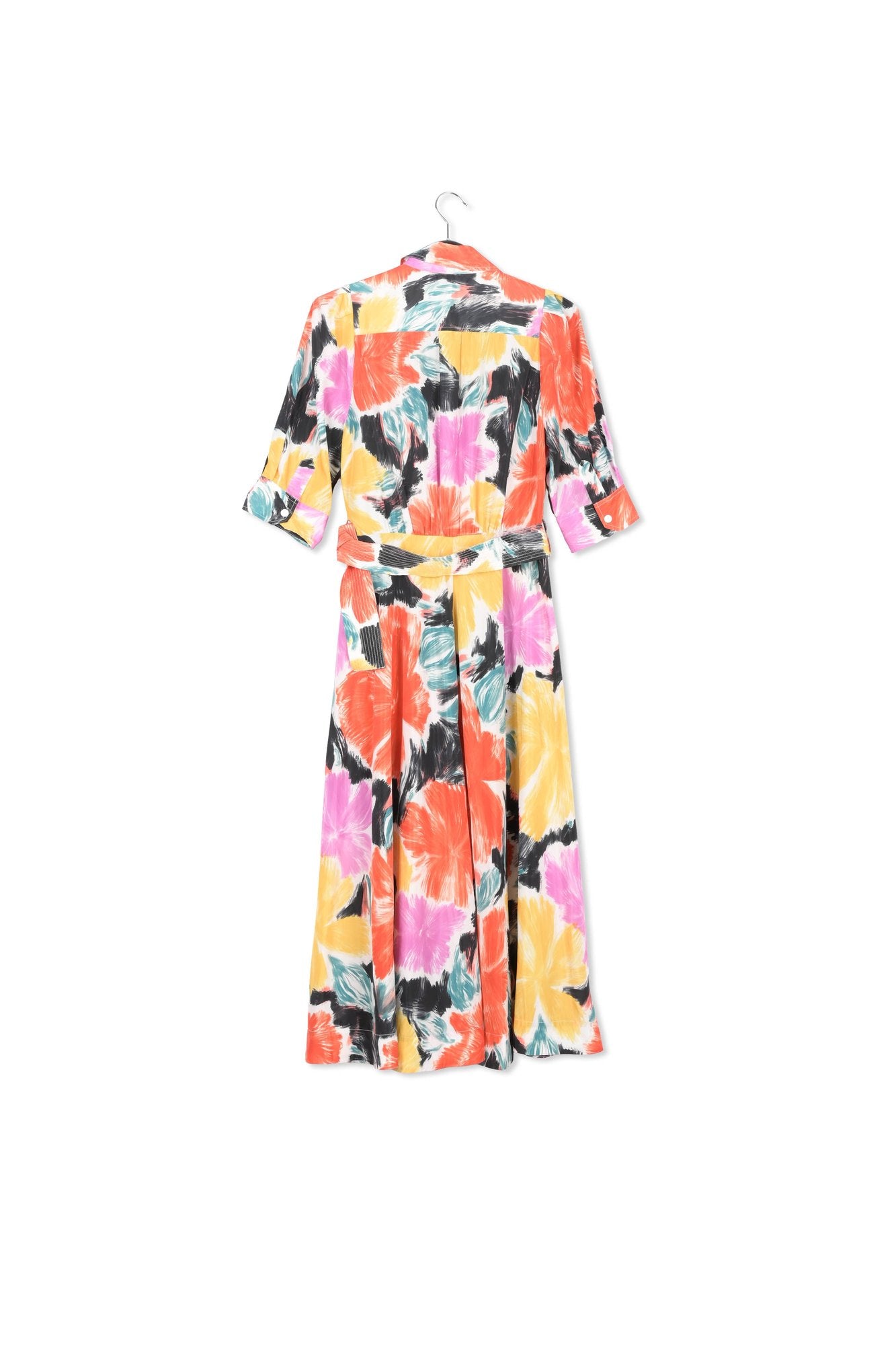 Robe chemise midi à  imprimé fleuri noir, orange et jaune RE—SSENTIEL | Essentiel second hand