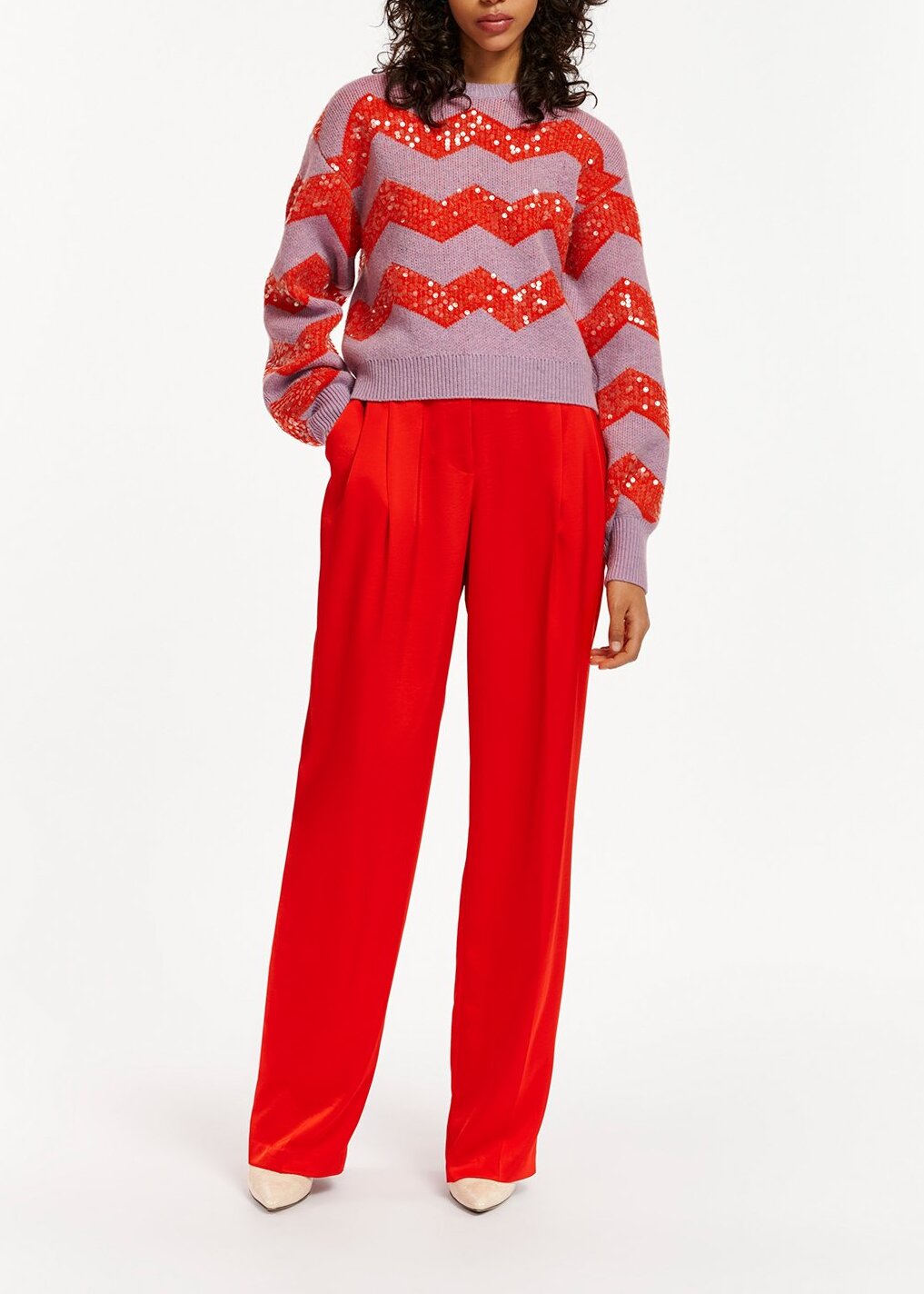 Dark lilac and red chevron jacquard-knit sweater with sequin embroideries RE—SSENTIEL | Essentiel second hand