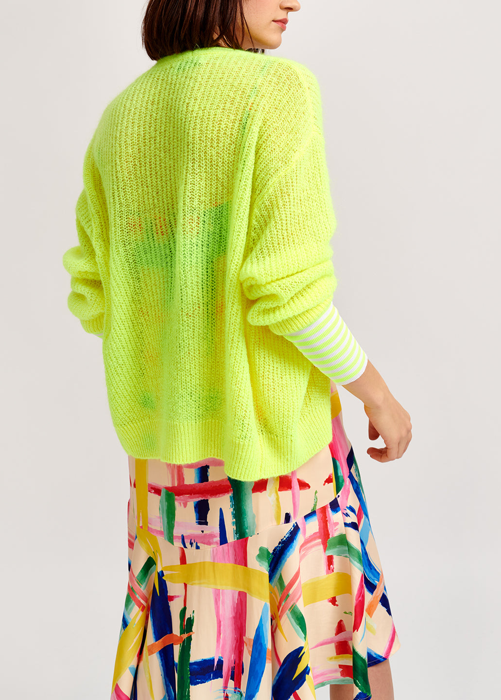 Neon yellow ribbed-knit cardigan with striped neon cuffs RE—SSENTIEL | Essentiel second hand