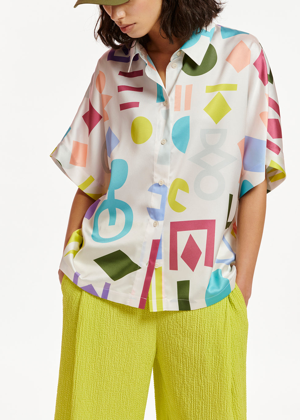 White abstract-printed satin shirt RE—SSENTIEL | Essentiel second hand