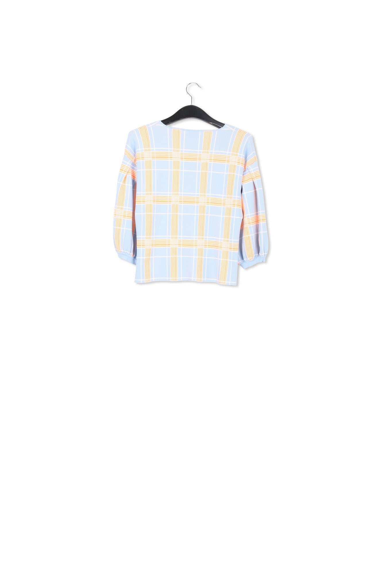 Light blue puffed sleeve knitted top with check motif RE—SSENTIEL | Essentiel second hand
