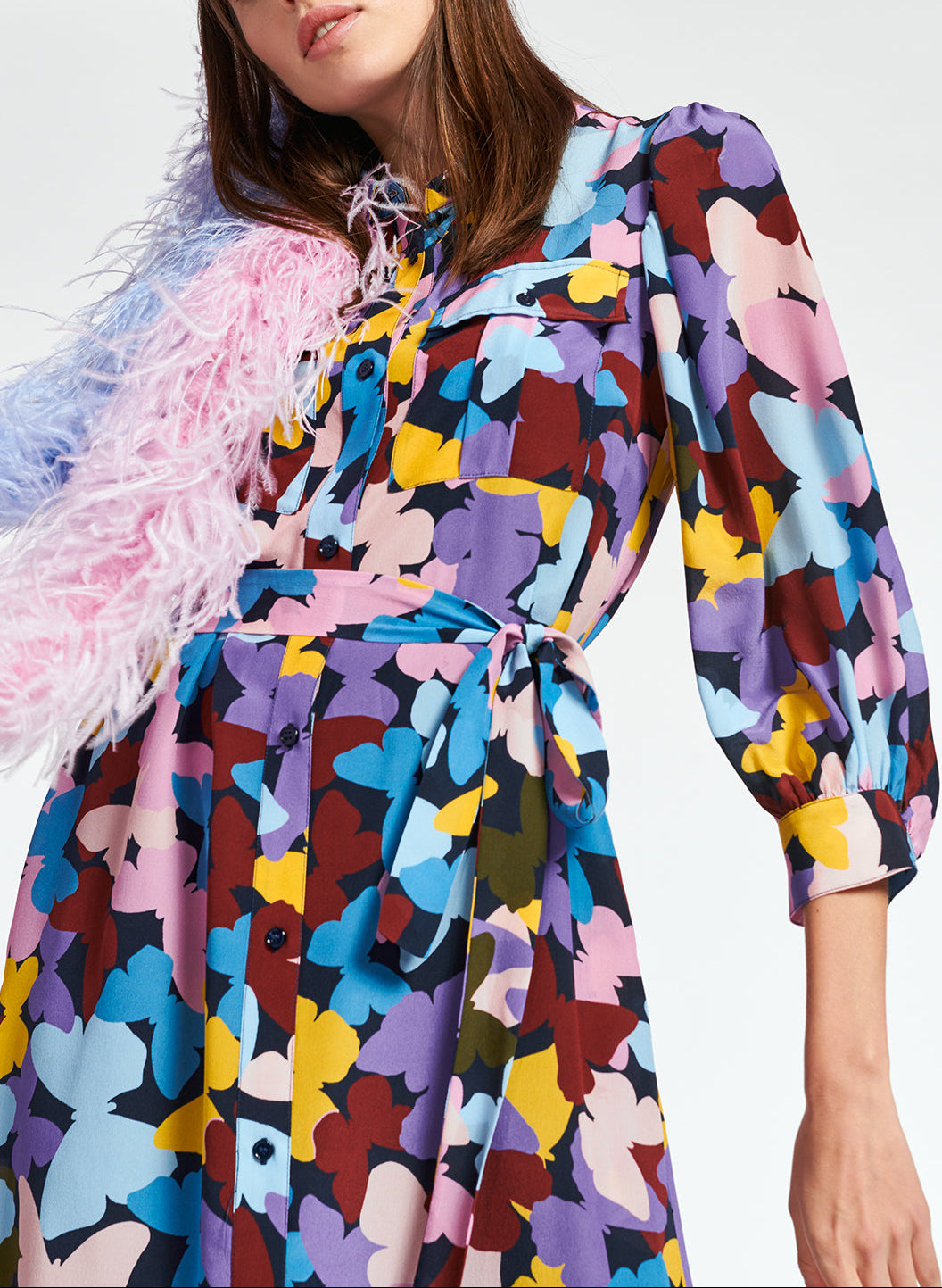 Robe midi en soie à  papillons bordeaux, lilas et bleu RE—SSENTIEL | Essentiel second hand