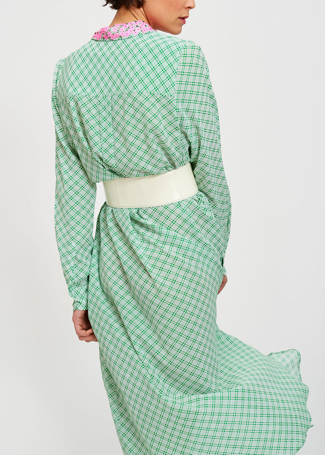 Green and white large check shirt dress with sequined collar RE—SSENTIEL | Essentiel second hand