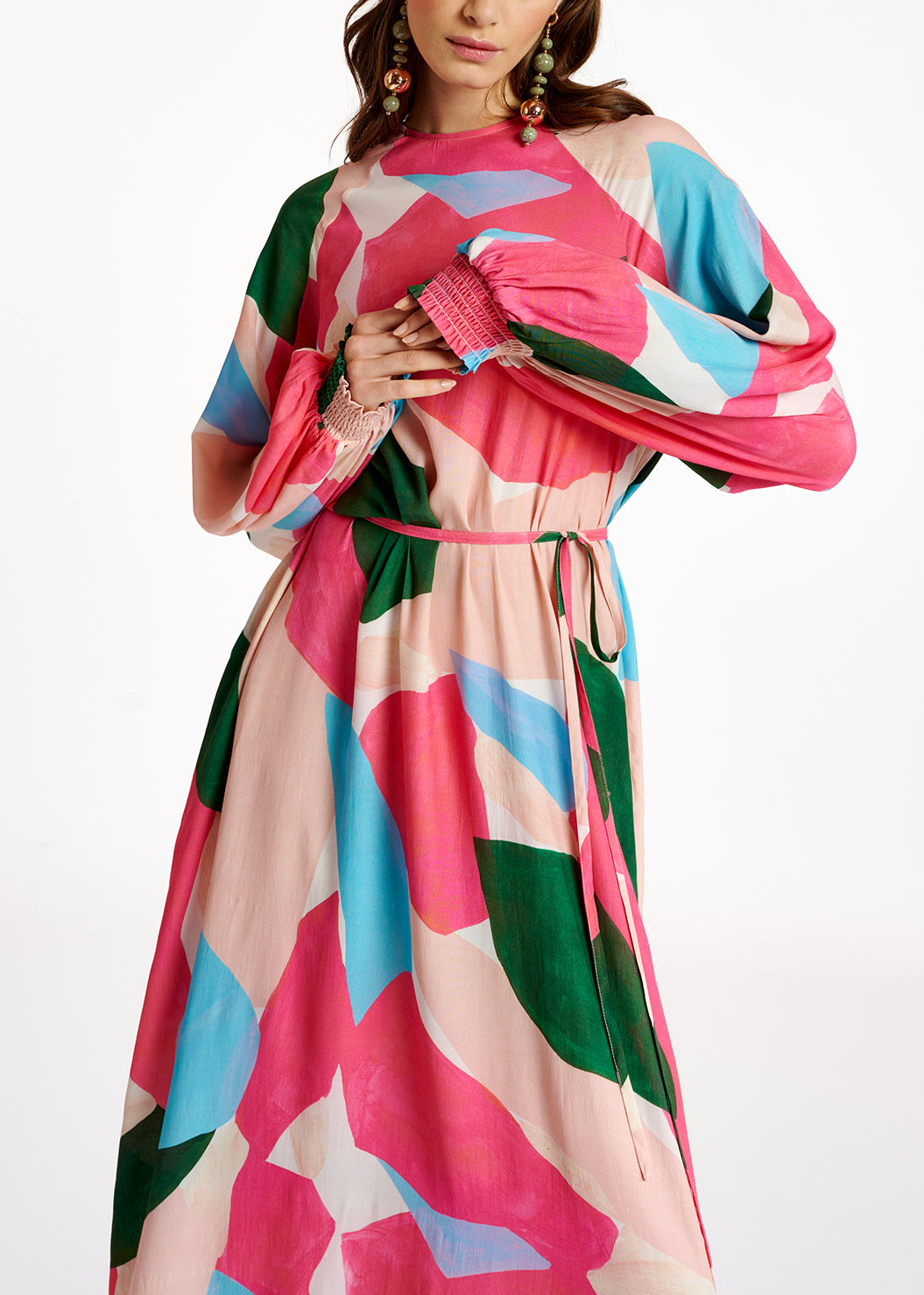 Light pink, pink and blue maxi-dress with graphic print RE—SSENTIEL | Essentiel second hand