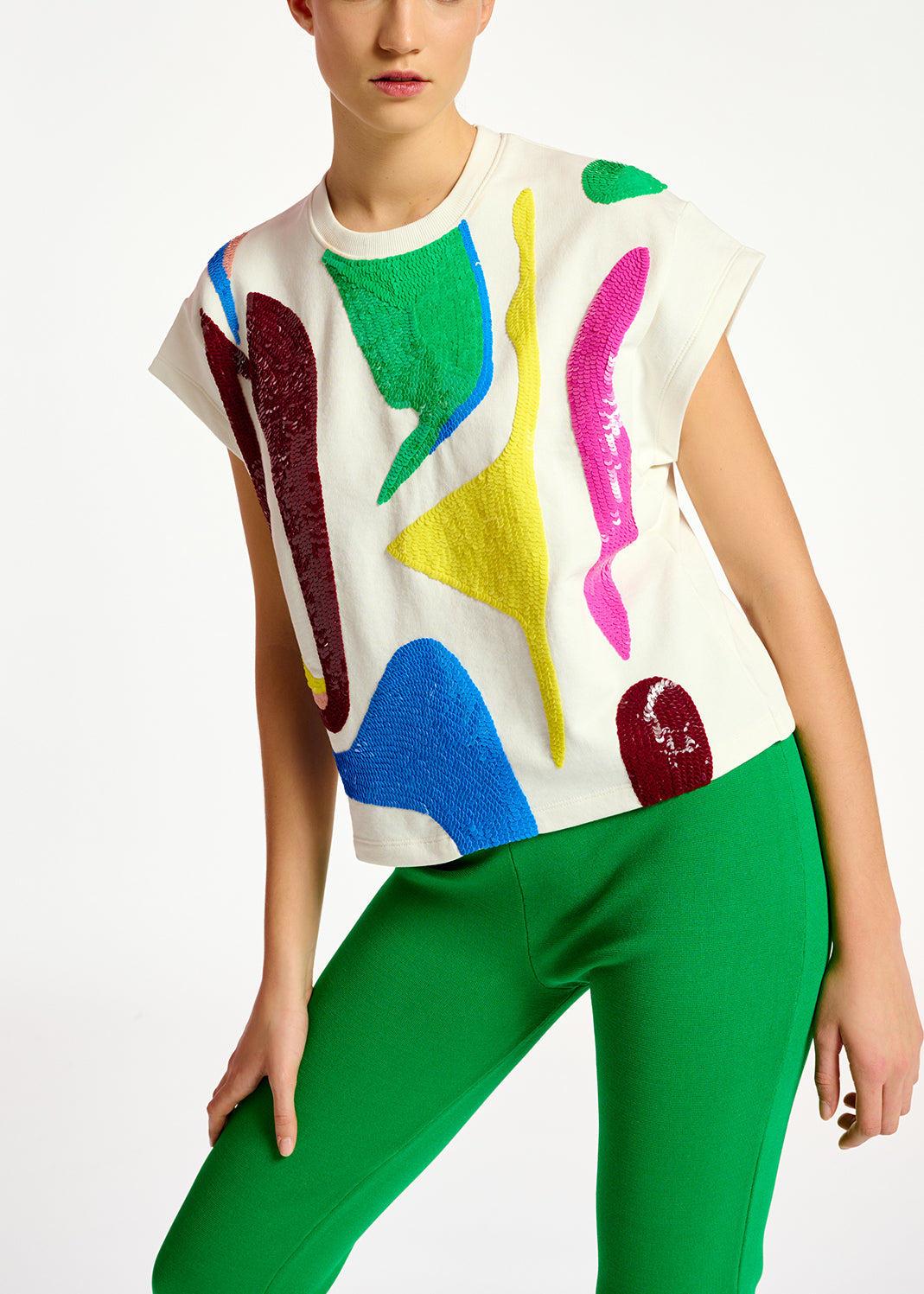 Sweatshirt blanc cassé à manches courtes et paillettes RE—SSENTIEL | Essentiel second hand