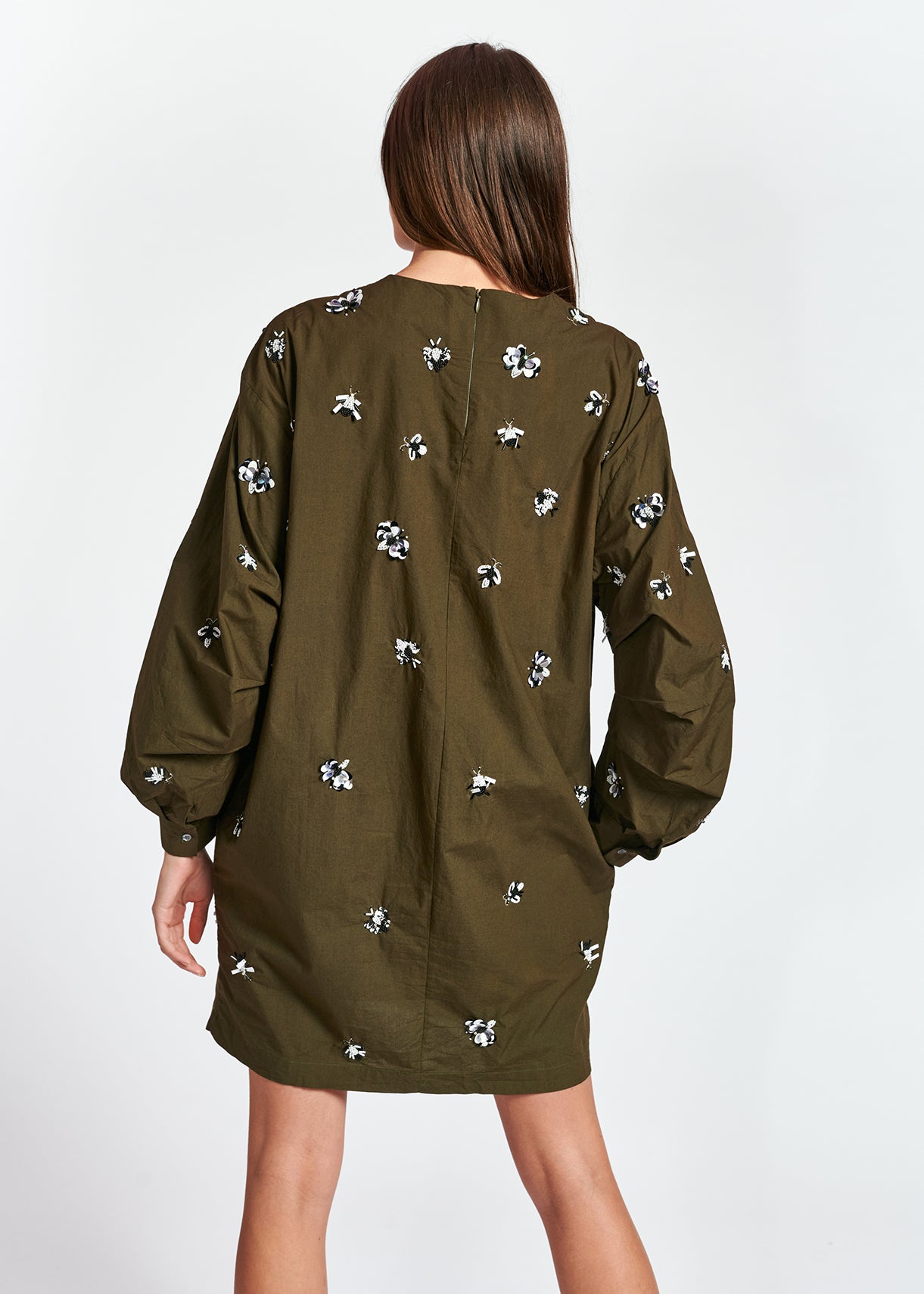 Khaki green cotton-polin dress with sequin details RE—SSENTIEL | Essentiel second hand