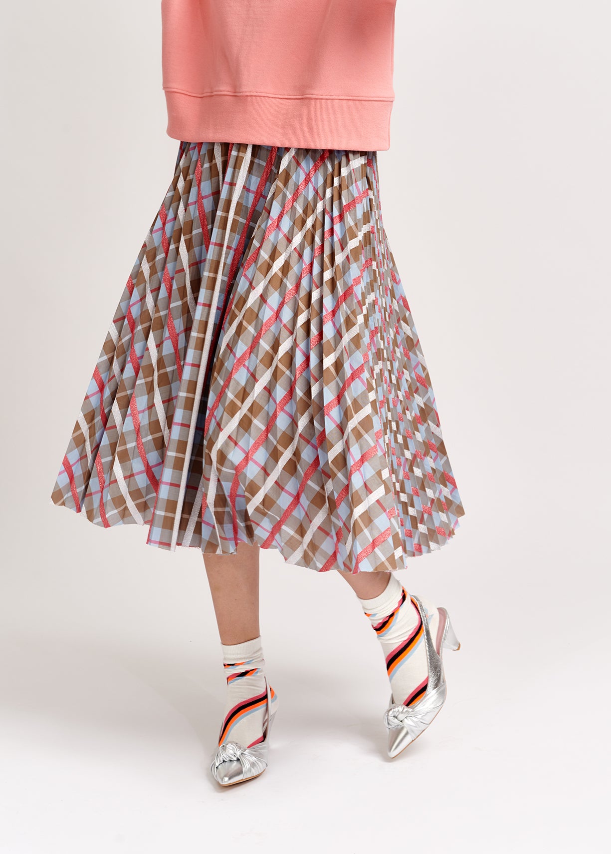 Beige and blue plaid cotton-blend pleated skirt RE—SSENTIEL | Essentiel second hand
