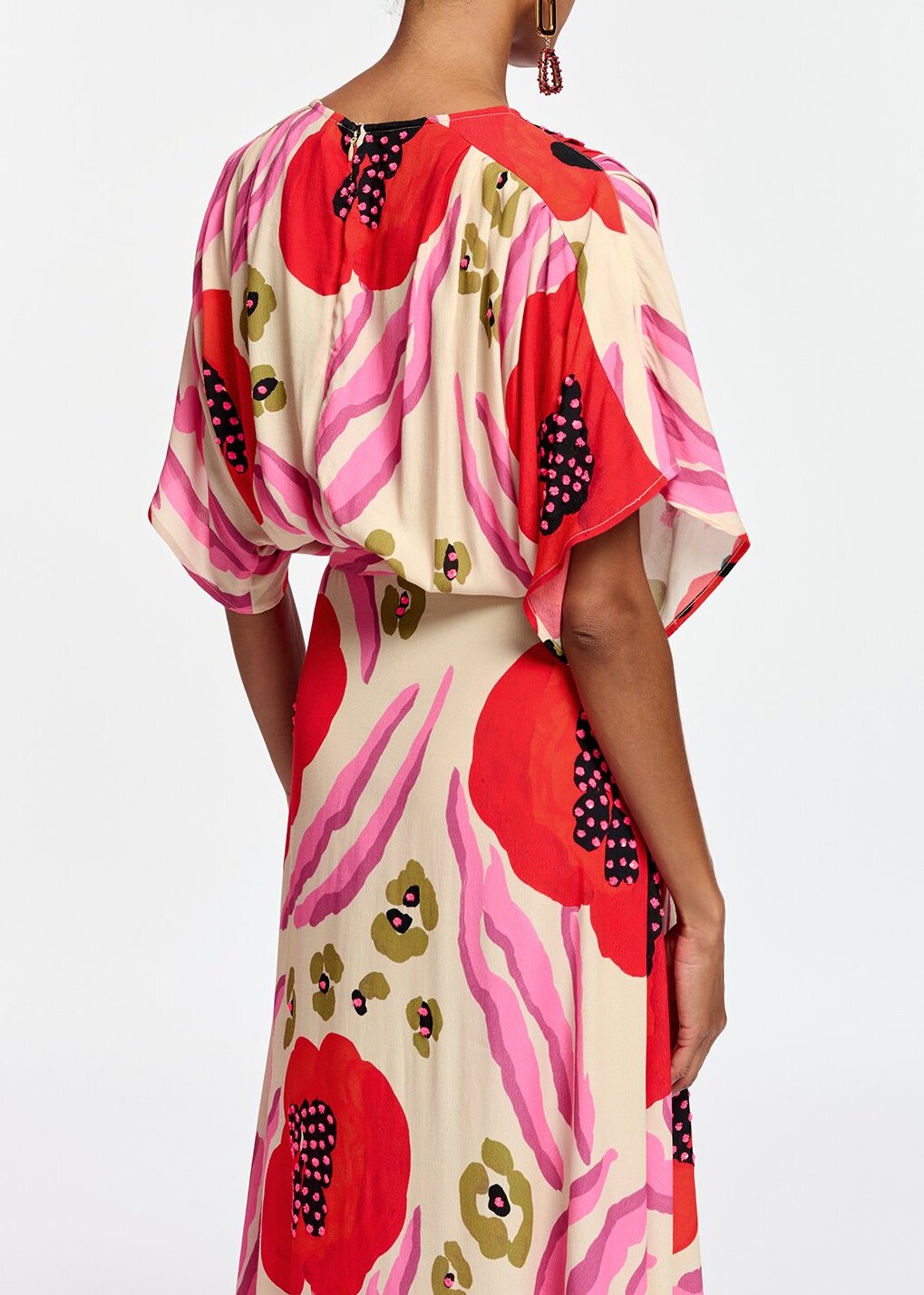 Ecru, red and pink abstract print midi-length dress RE—SSENTIEL | Essentiel second hand