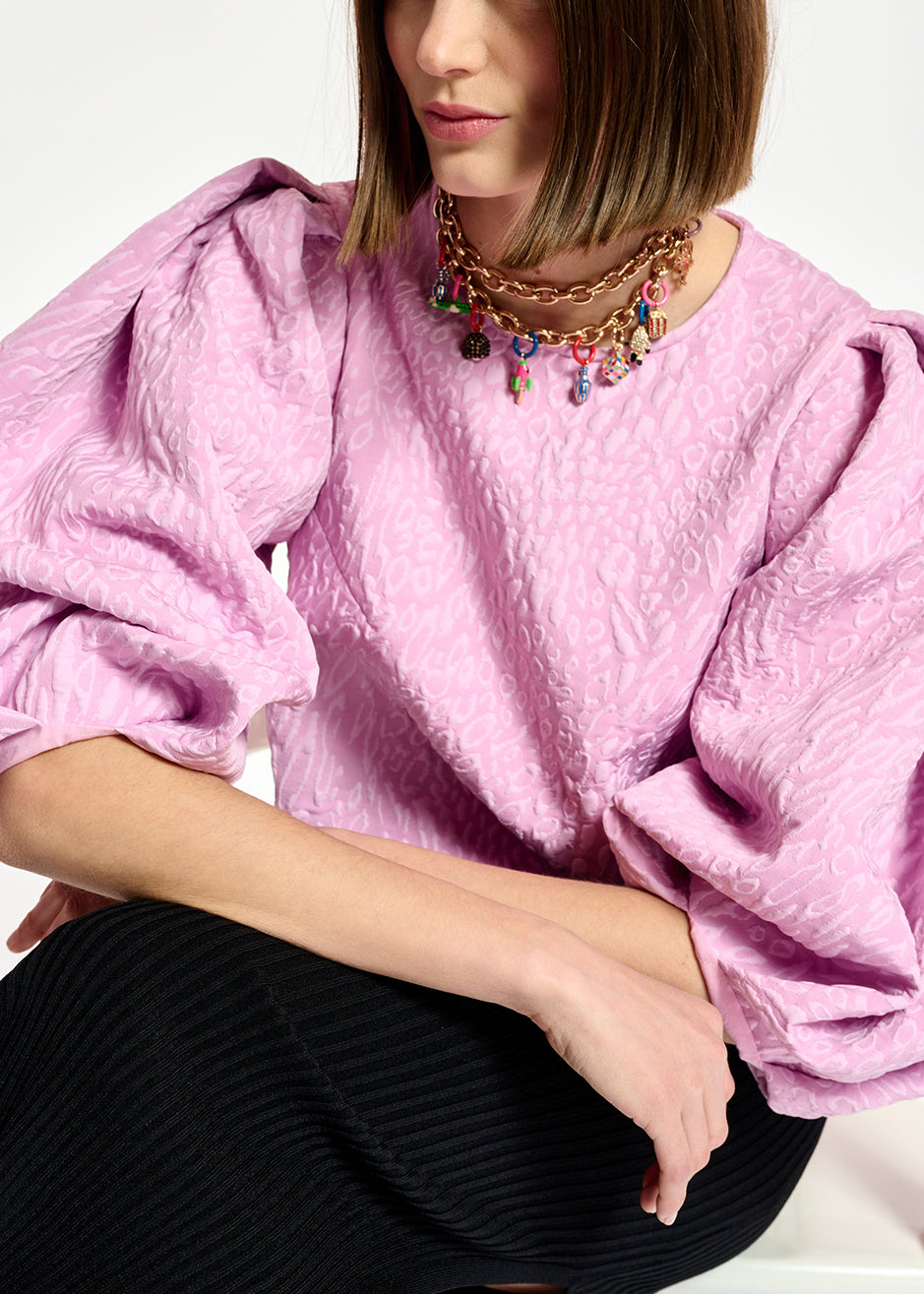 Light pink jacquard top with puffed sleeves RE—SSENTIEL | Essentiel second hand