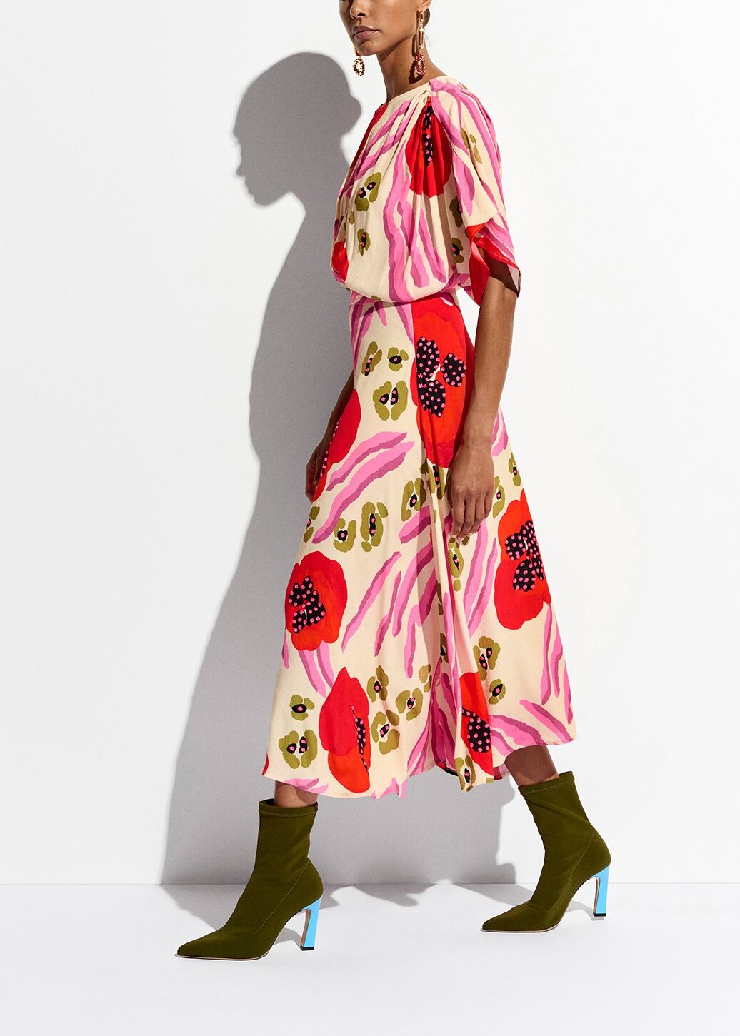 Ecru, red and pink abstract print midi-length dress RE—SSENTIEL | Essentiel second hand