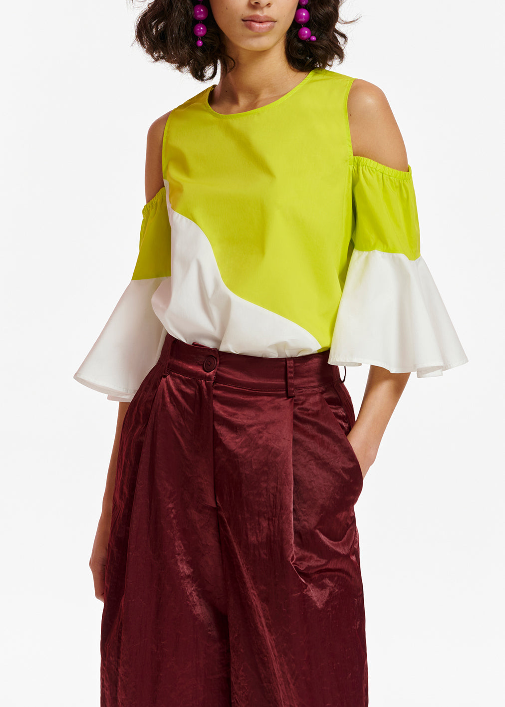 Top en coton popeline vert citron et blanc RE—SSENTIEL | Essentiel second hand