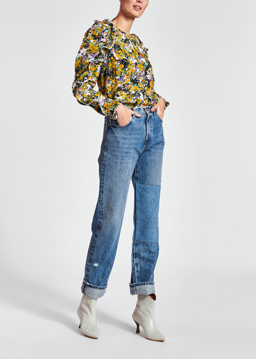 Jean bleu patchwork à effet délavé RE—SSENTIEL | Essentiel second hand