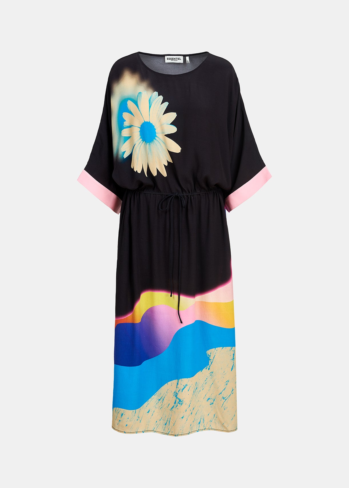 Black midi-length dress with multicolor print RE—SSENTIEL | Essentiel second hand