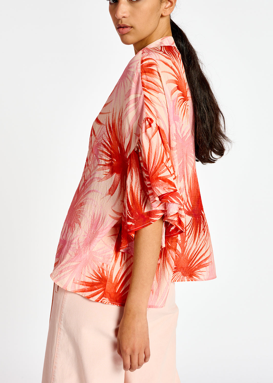 Orange ruffle-detailed top with palm leaf print RE—SSENTIEL | Essentiel second hand