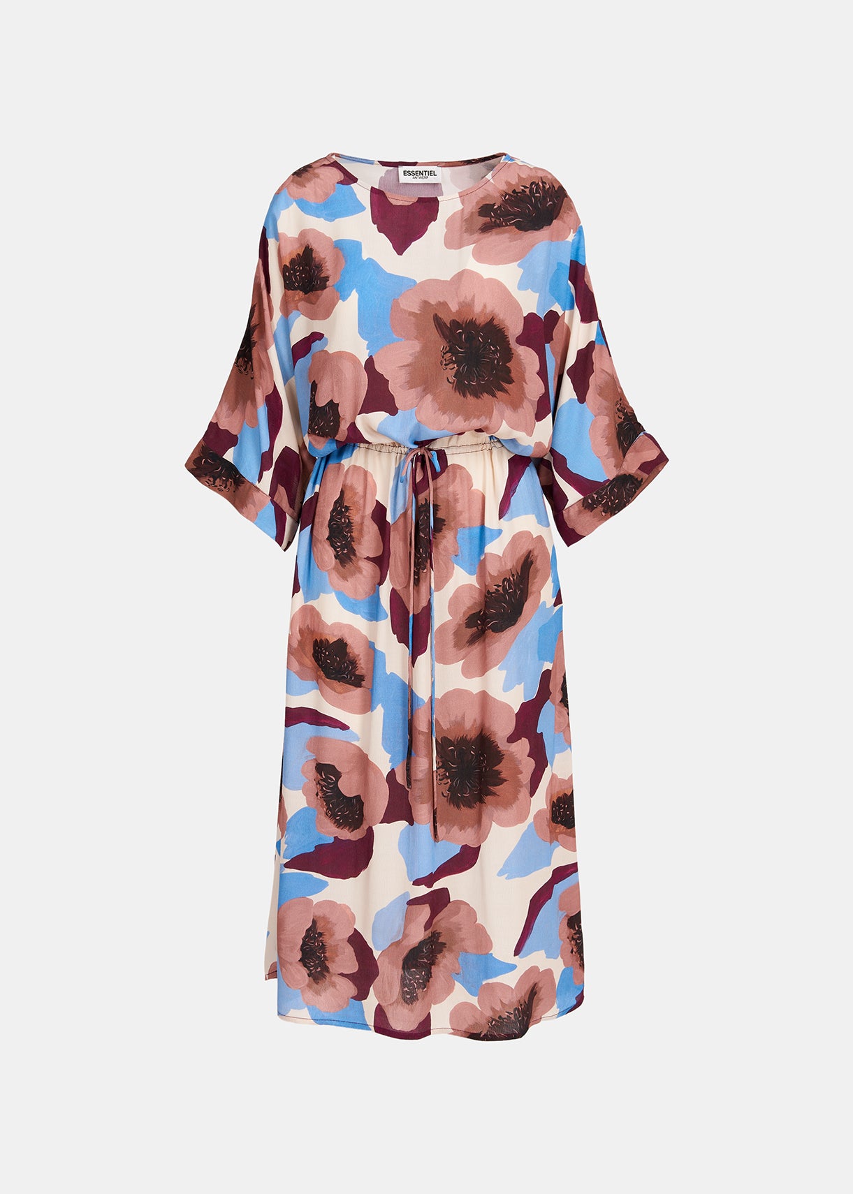 Mauve, burgundy and blue midi-length dress with floral print RE—SSENTIEL | Essentiel second hand