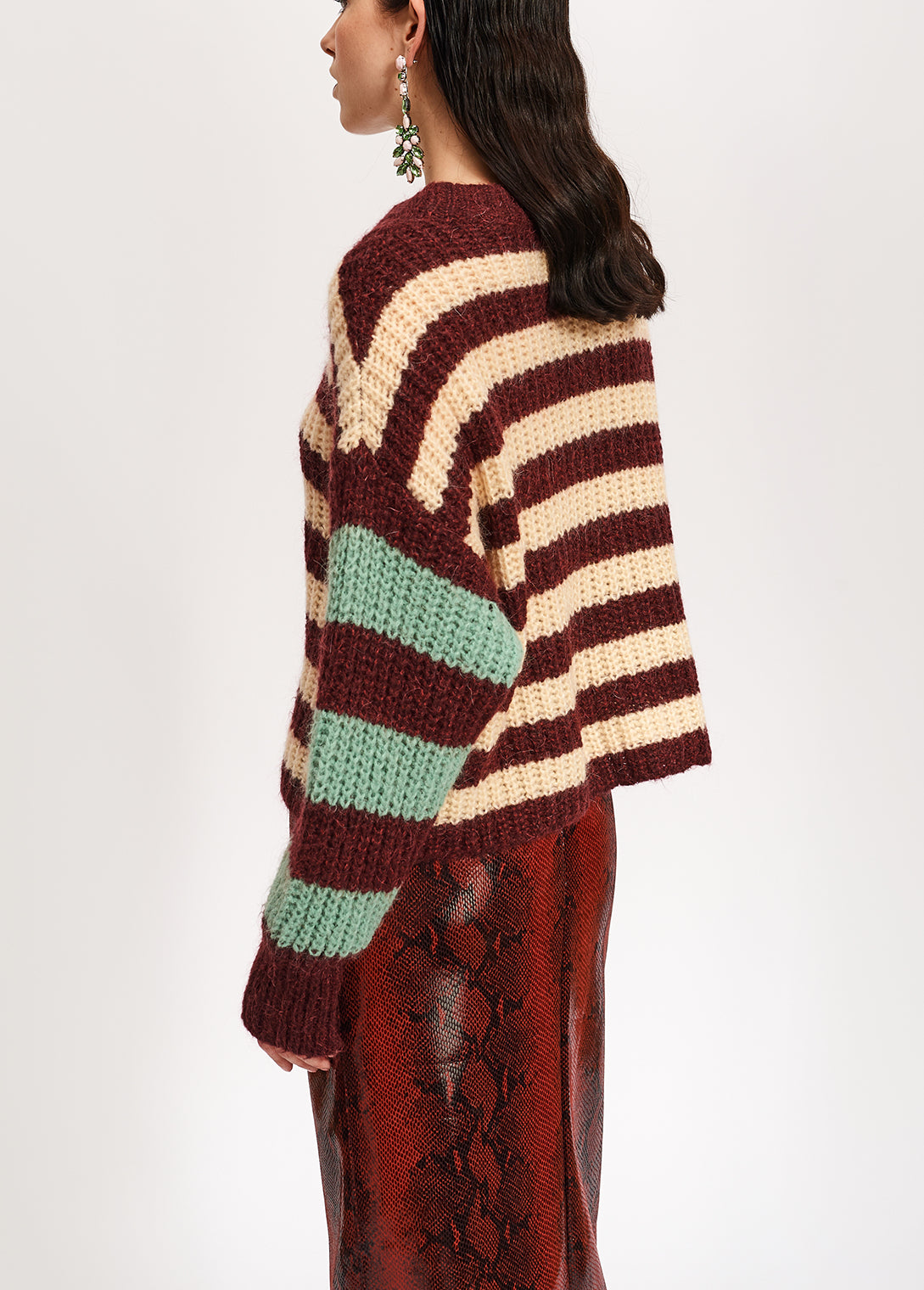 Off-white, burgundy and mint green striped ribbed-knit sweater RE—SSENTIEL | Essentiel second hand
