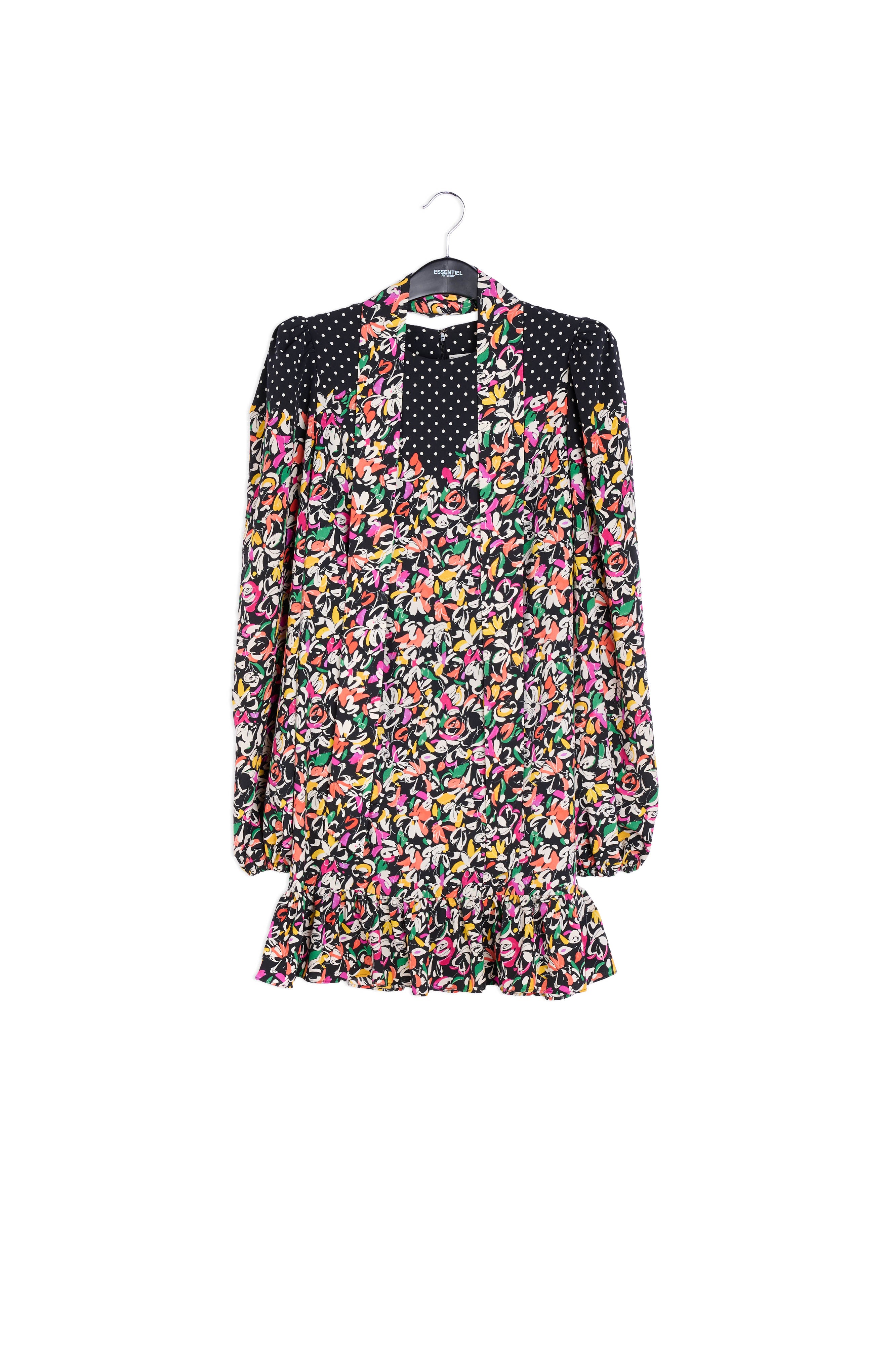Kleurrijke jurk met bloemen- en stippenprint RE—SSENTIEL | Essentiel second hand