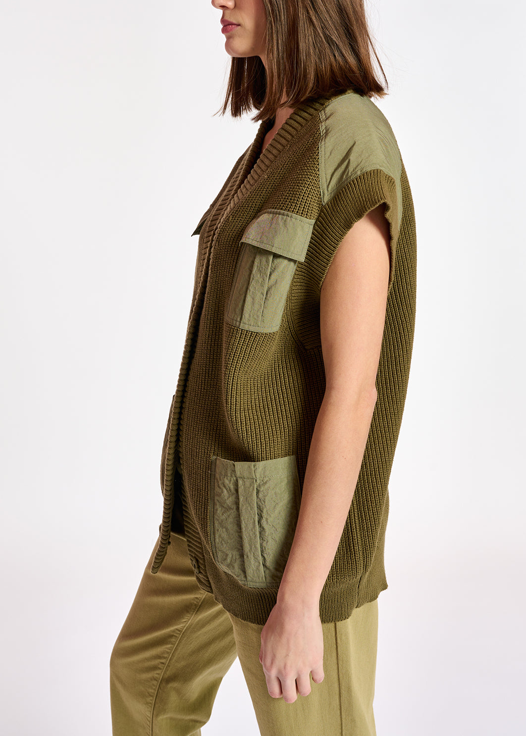 Khaki sleeveless utility-inspired cardigan RE—SSENTIEL | Essentiel second hand