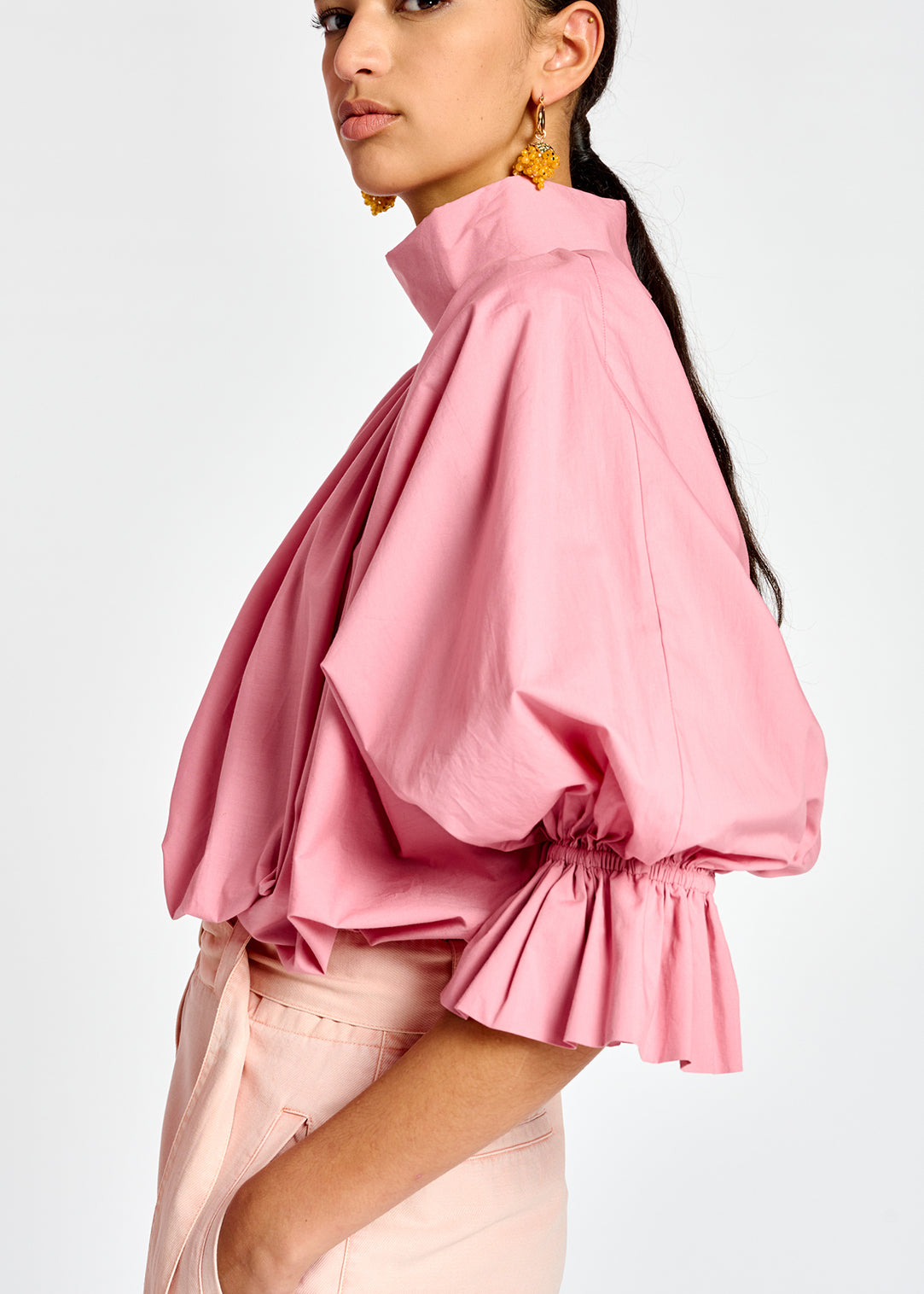 Light pink voluminous cotton top with high collar RE—SSENTIEL | Essentiel second hand