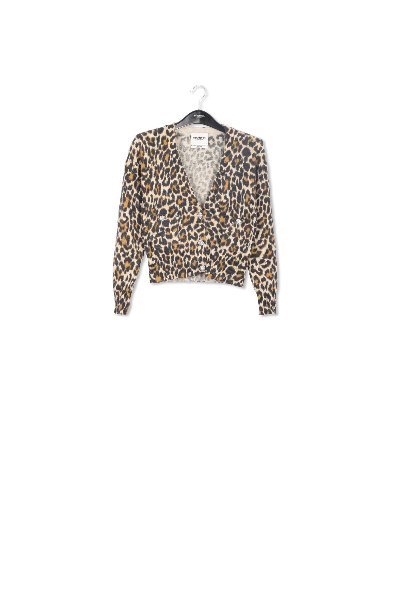 Bruine V-hals cardigan in luipaardjacquard RE—SSENTIEL | Essentiel second hand