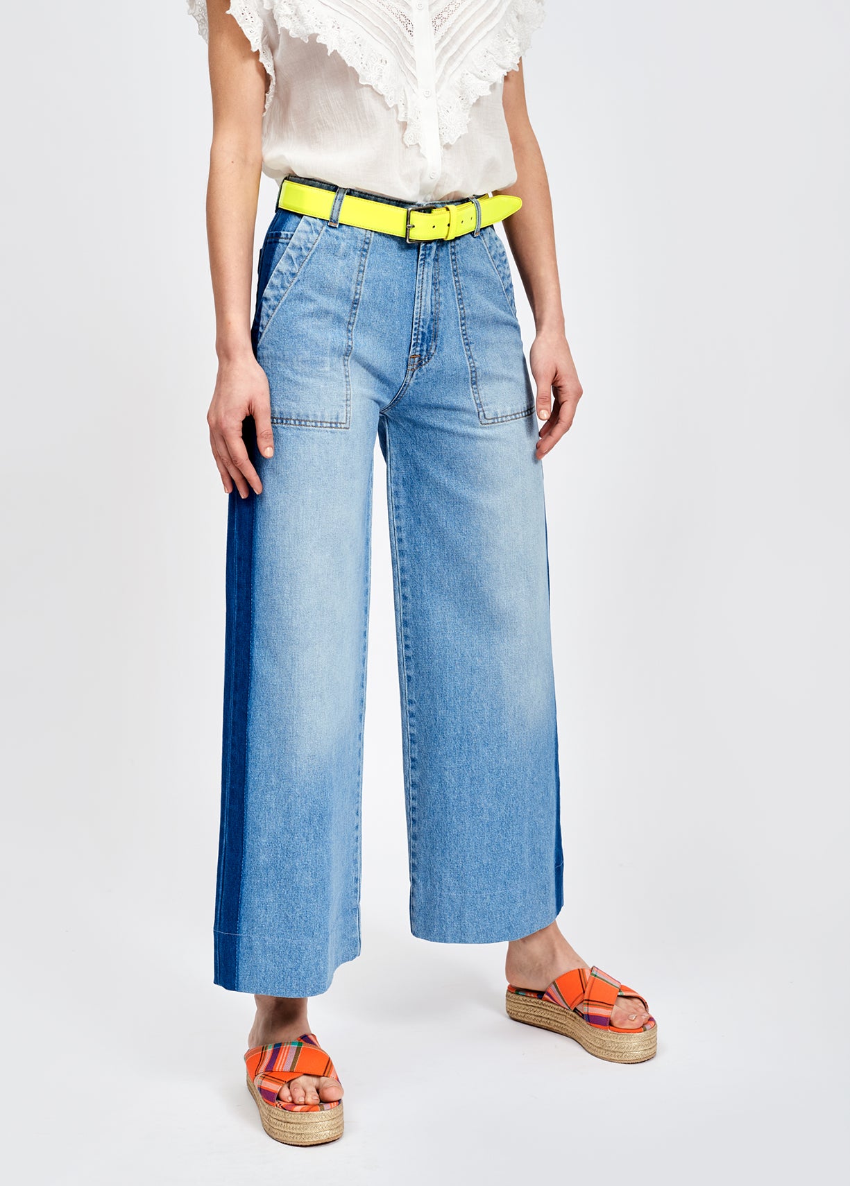 Stone washed blue wide jeans with side stripe RE—SSENTIEL | Essentiel second hand