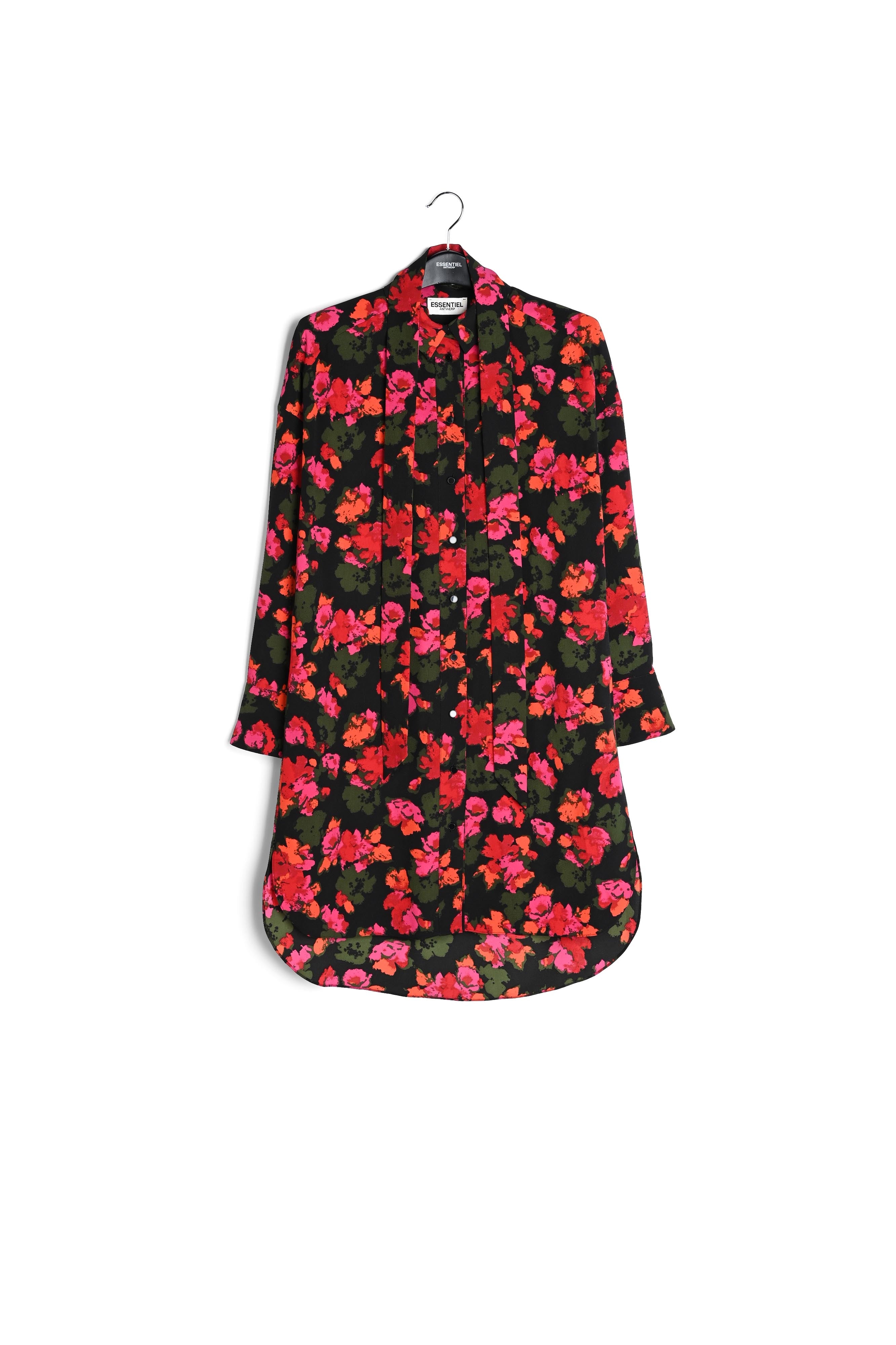 Midi-hemdjurk met zwart en rode bloemenprint RE—SSENTIEL | Essentiel second hand