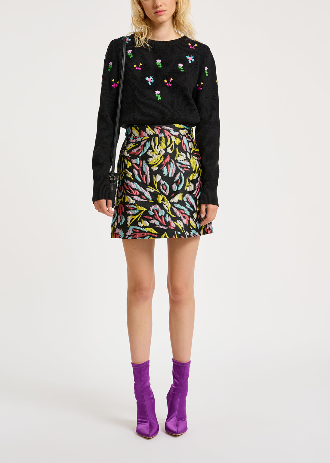 Black, yellow and lilac jacquard mini skirt RE—SSENTIEL | Essentiel second hand