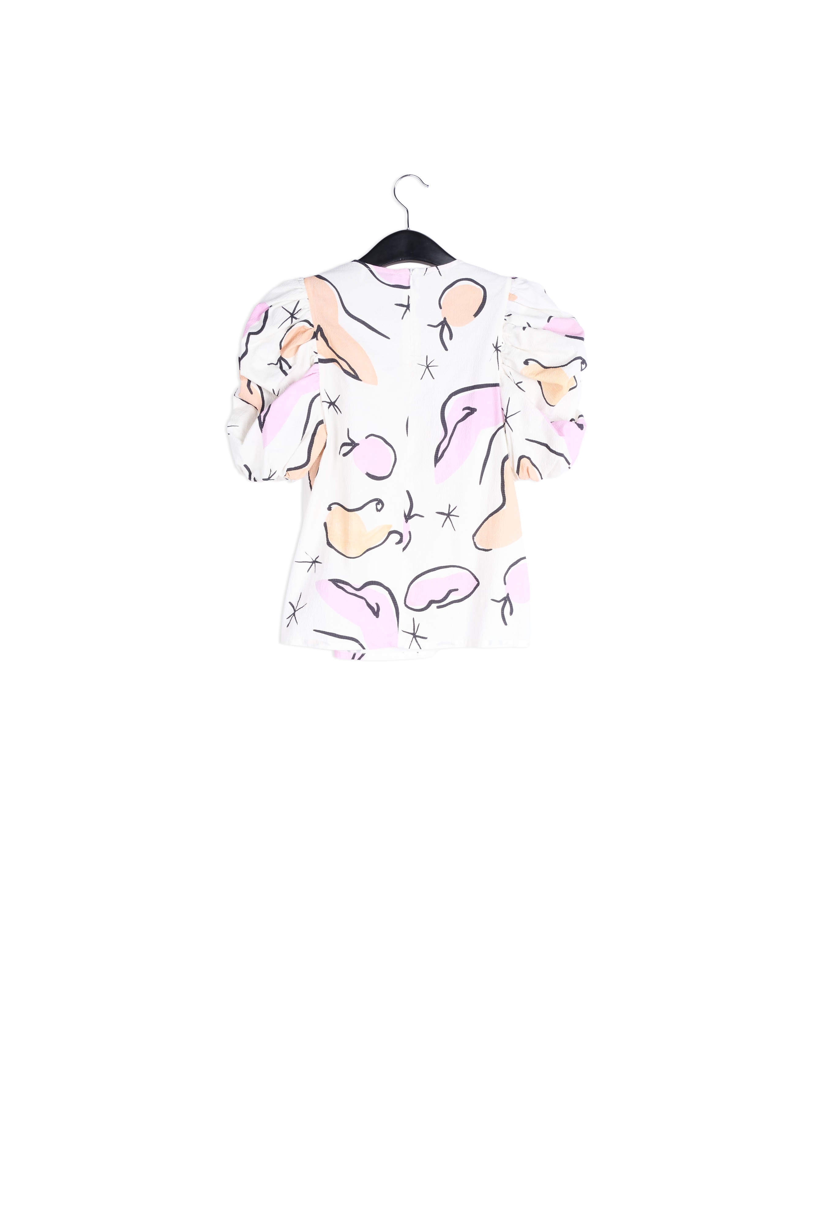 Witte top met pofmouwen en abstracte print RE—SSENTIEL | Essentiel second hand