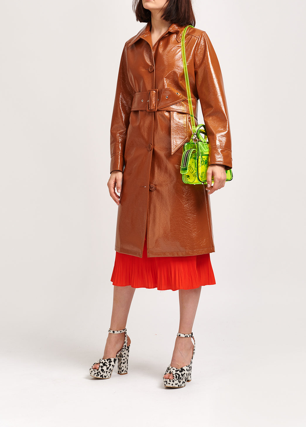 Brown faux patent-leather trench coat RE—SSENTIEL | Essentiel second hand