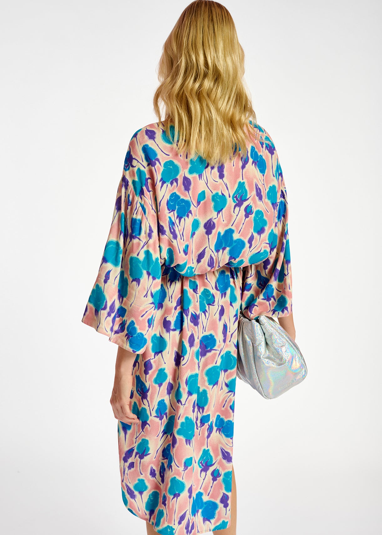 Light pink, blue and purple floral print midi-length dress RE—SSENTIEL | Essentiel second hand