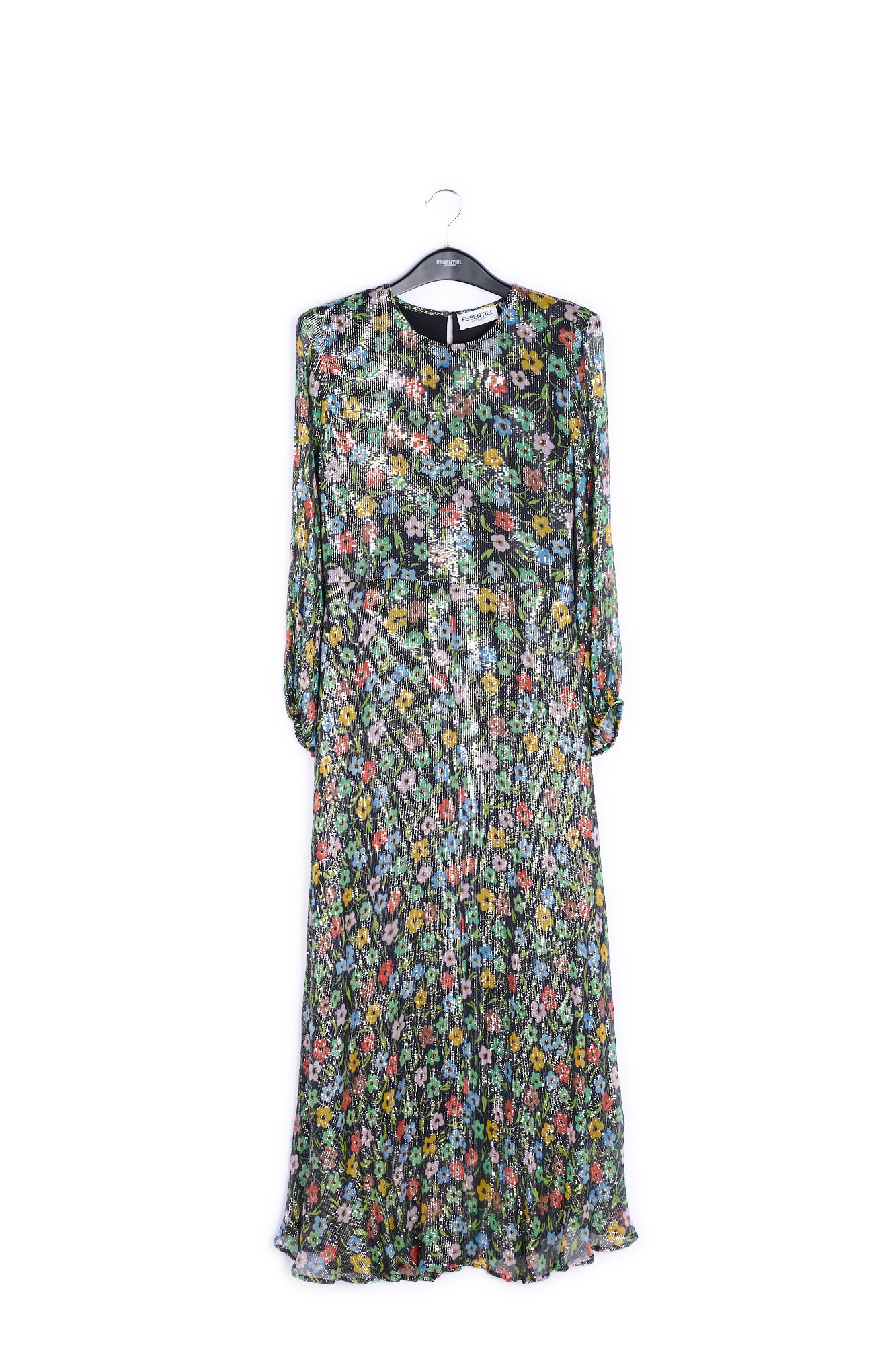 Black floral print midi dress with shiny thread RE—SSENTIEL | Essentiel second hand