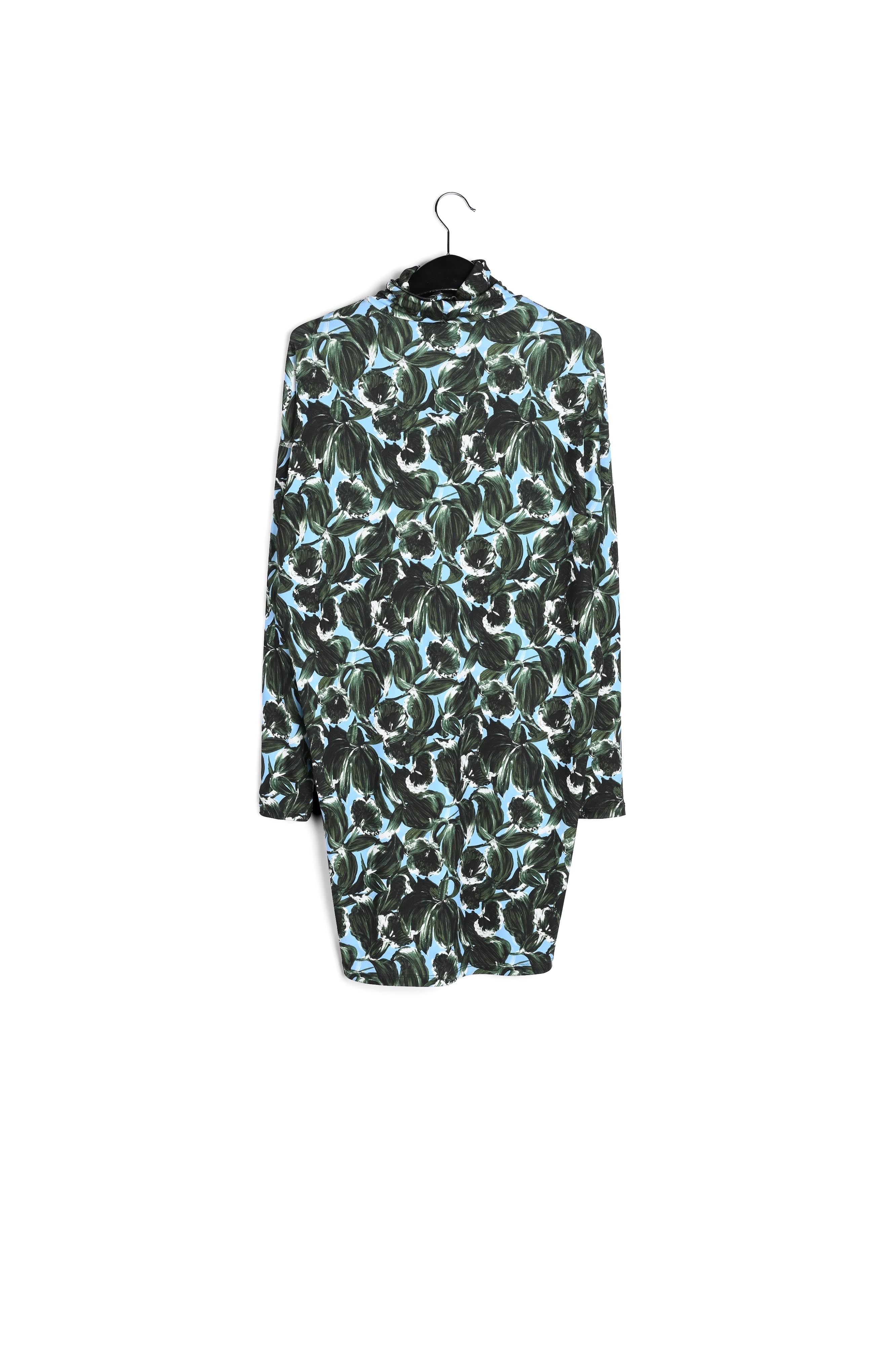Mini-jurk met rolkraag in blauwe en groene bladerprint RE—SSENTIEL | Essentiel second hand