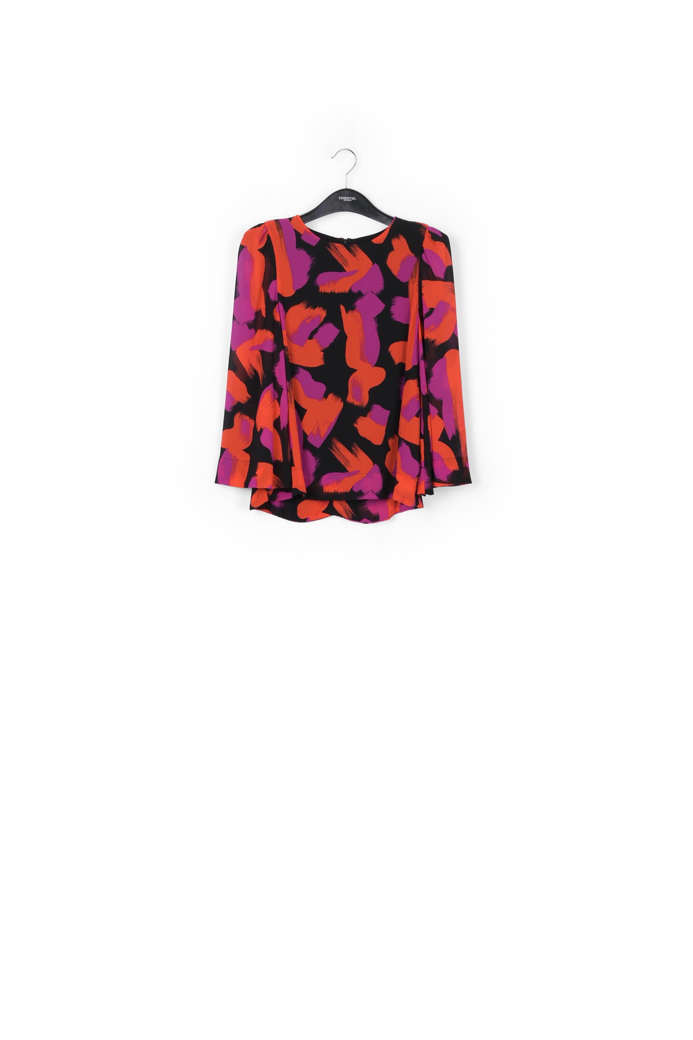 Black, orange and purple abstract-print top with puffed shoulders RE—SSENTIEL | Essentiel second hand