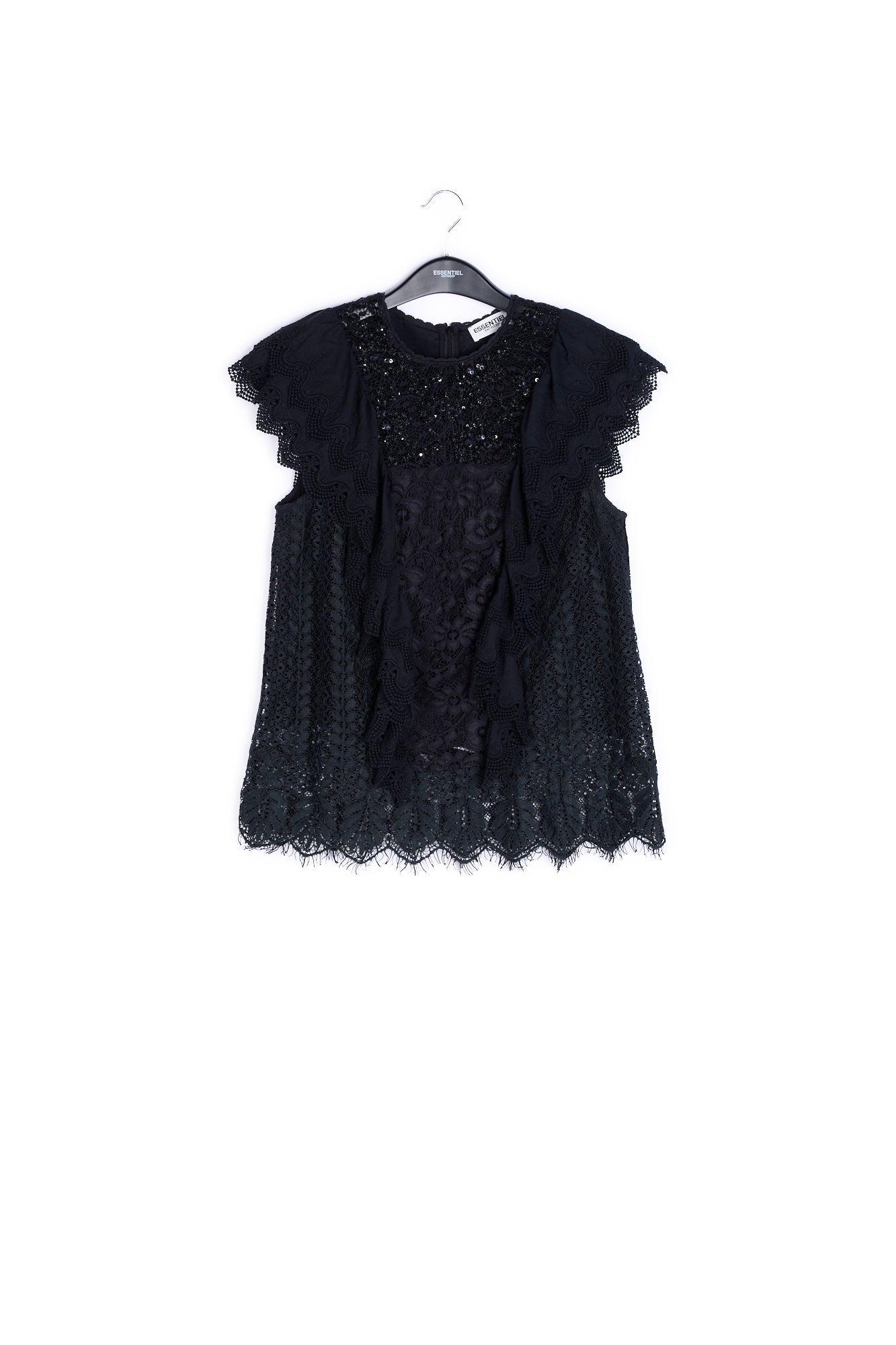 Black ruffled lace top with sequins RE—SSENTIEL | Essentiel second hand