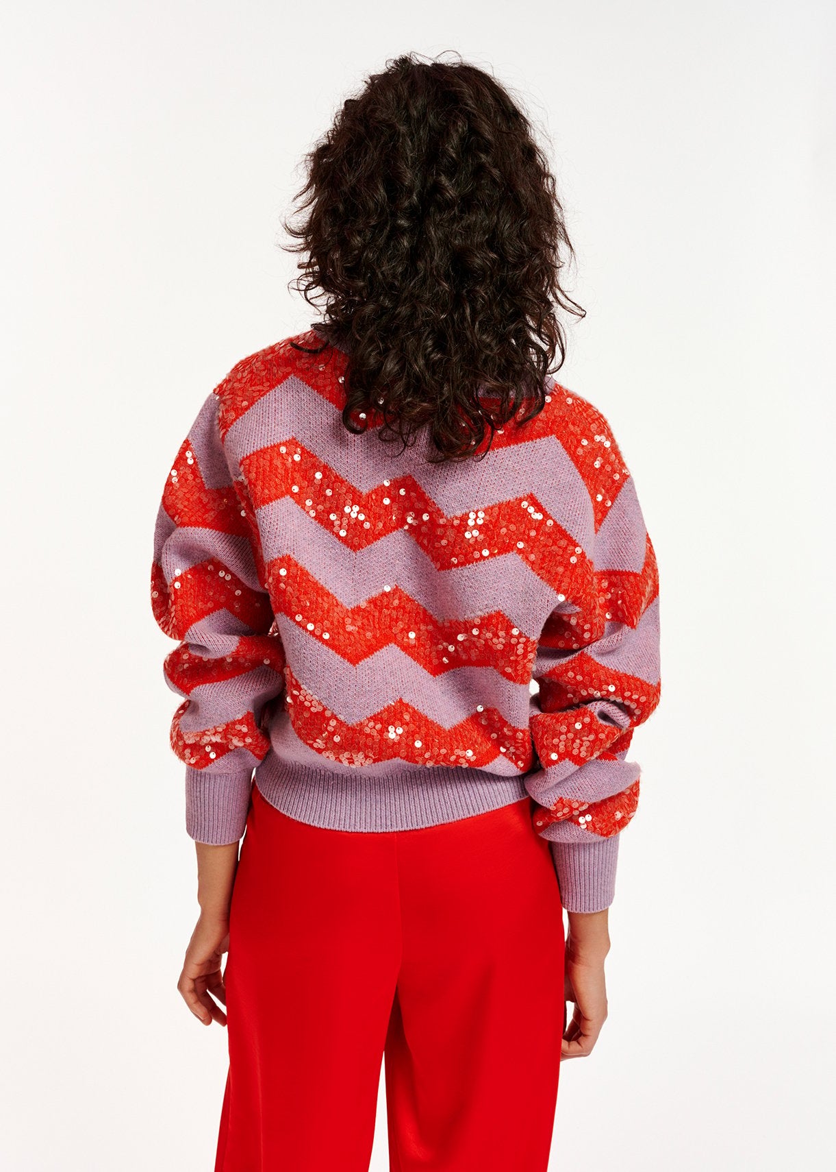 Dark lilac and red chevron jacquard-knit sweater with sequin embroideries RE—SSENTIEL | Essentiel second hand