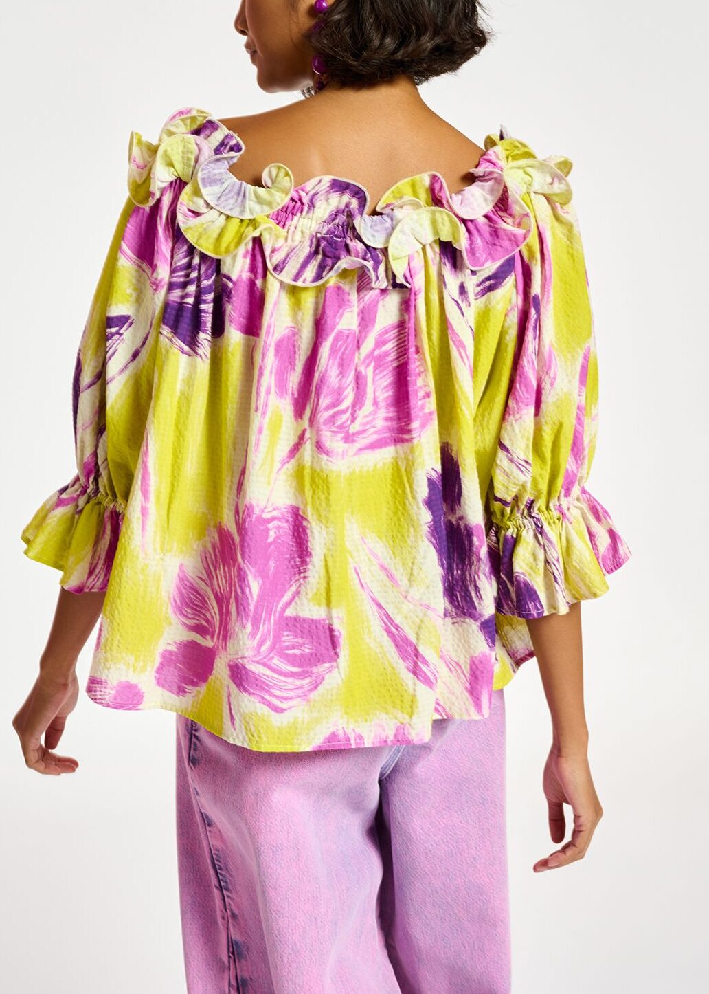 Yellow and purple floral print off-the-shoulder top RE—SSENTIEL | Essentiel second hand