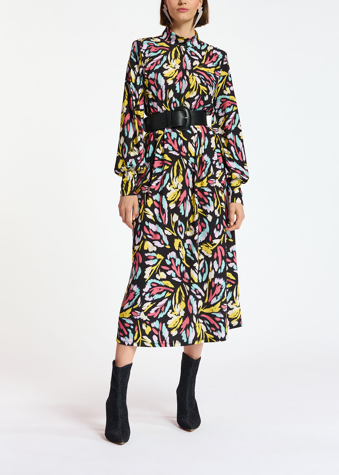 Midi-jurk in zwart, koraalrood en paars stretch jersey RE—SSENTIEL | Essentiel second hand