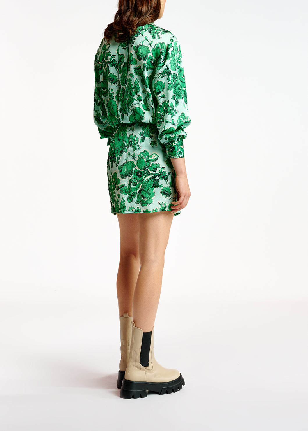 Lichtblauwe en groene zijden mini-jurk met bloemen RE—SSENTIEL | Essentiel second hand