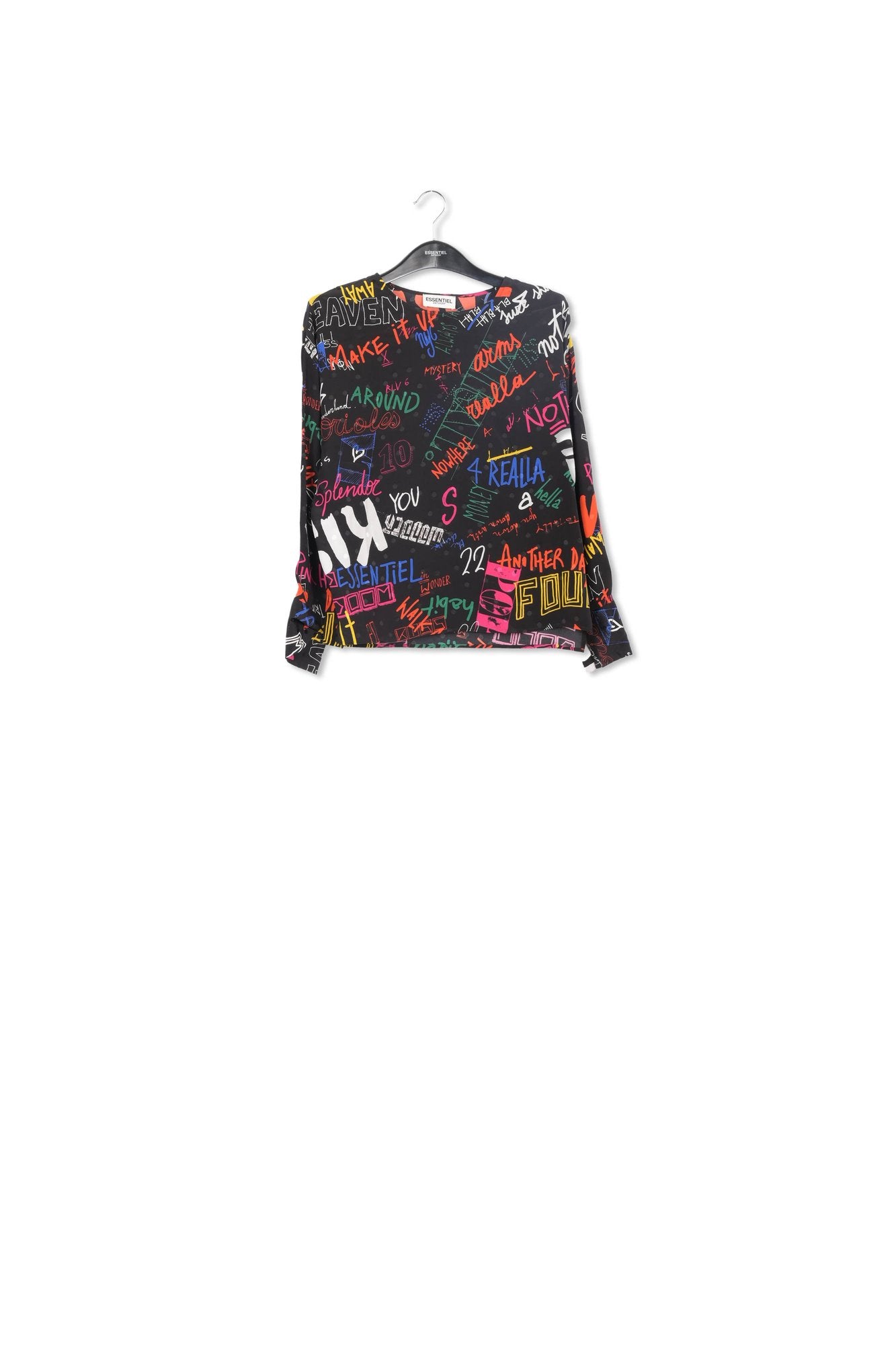 Black silk top with colorful tekst print RE—SSENTIEL | Essentiel second hand