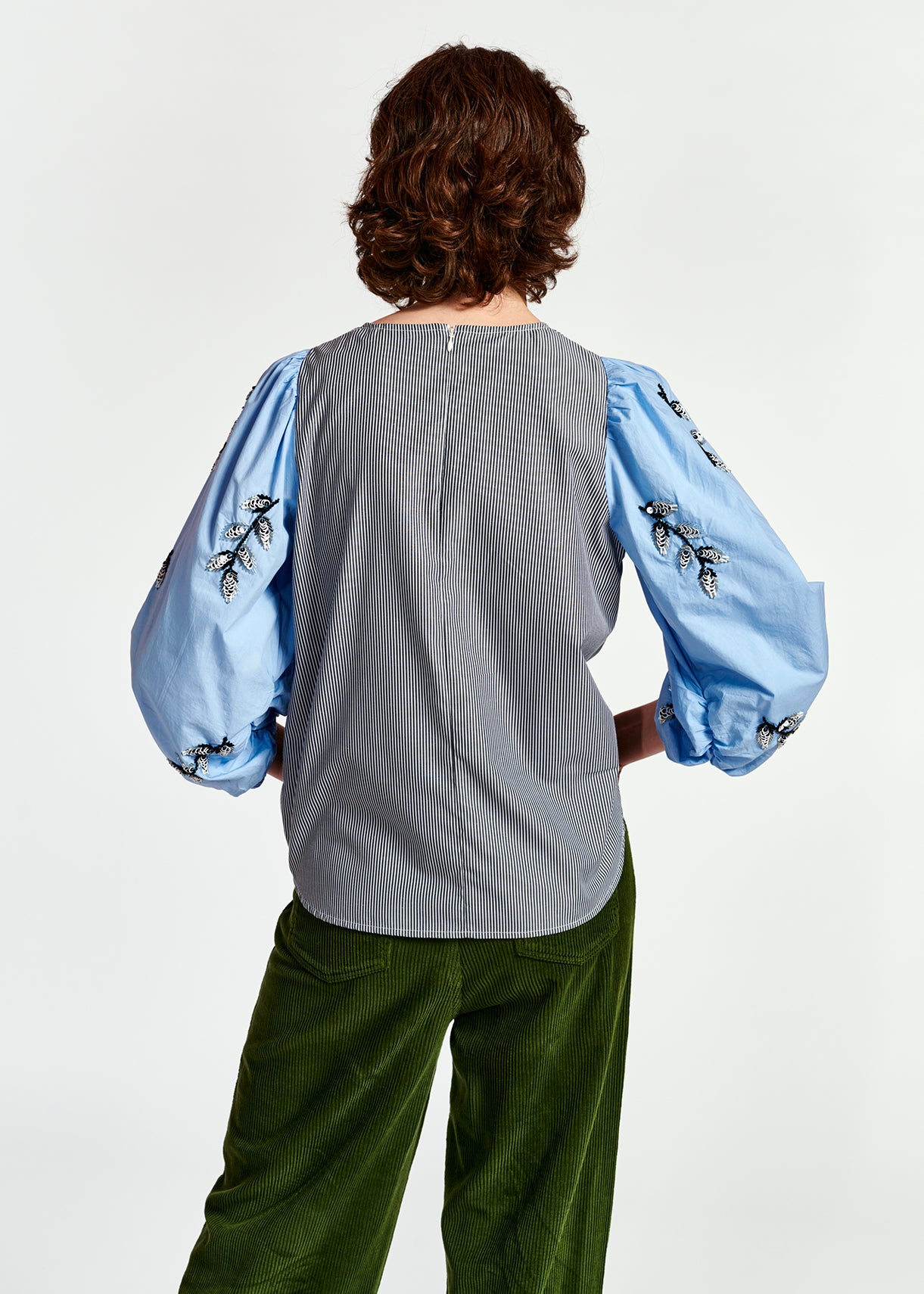 Blue and white embellished puff sleeved top RE—SSENTIEL | Essentiel second hand